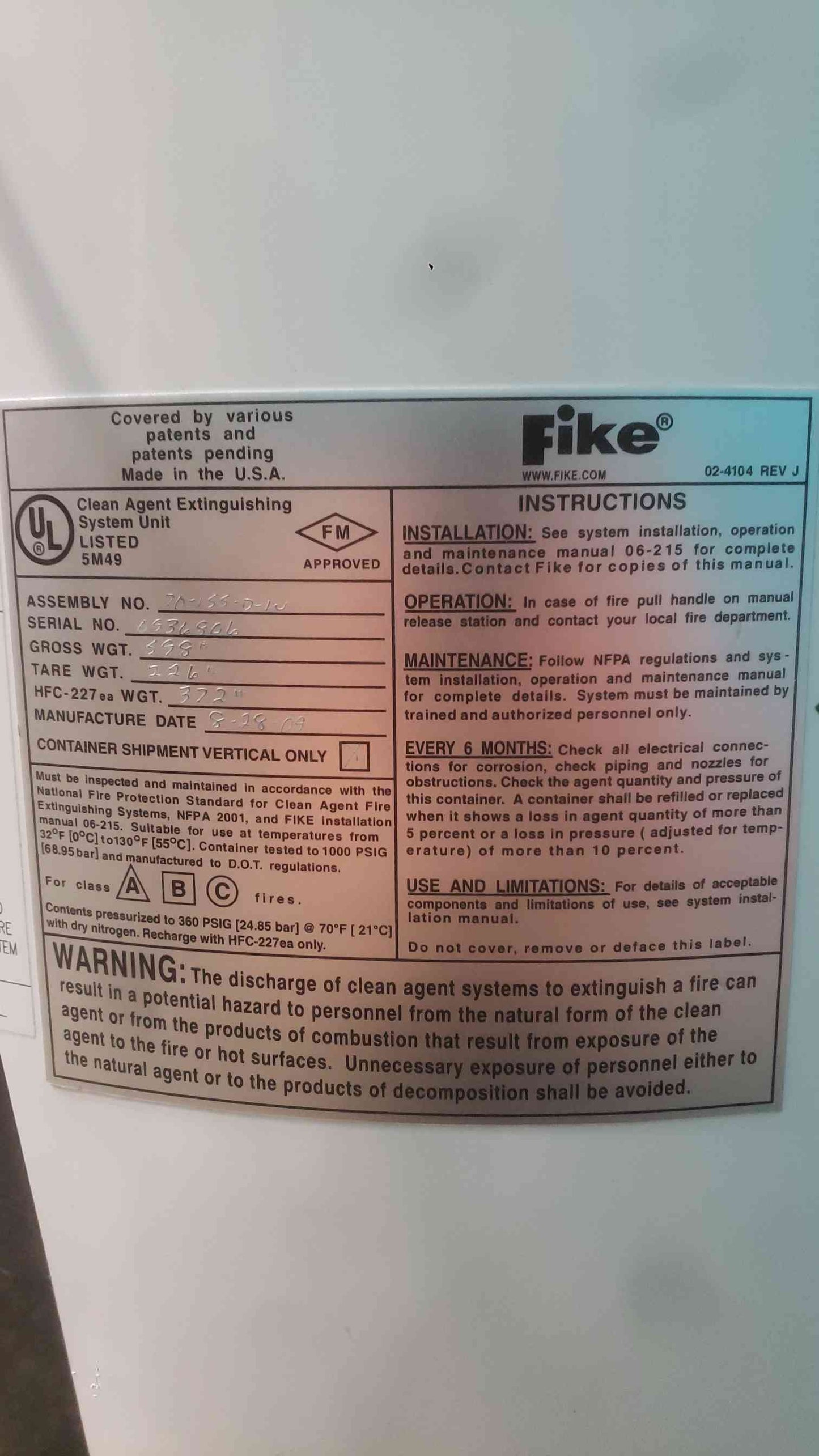 Fike 372 LBS HFC-227 Fire Suppression System (SKU: 114174)