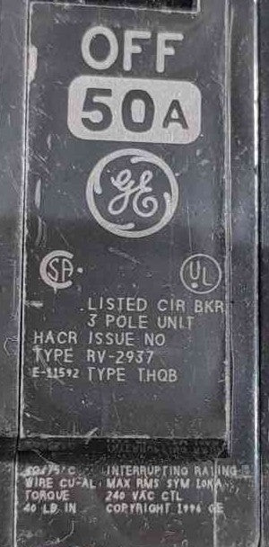 GE THQB32050 50A 3 Pole 240V Bolt-On Commercial Circuit Breaker THQB 50