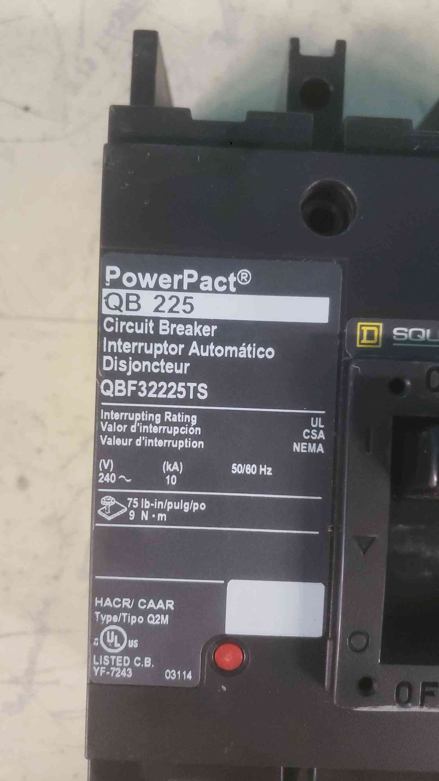 Square D PowerPact QBF32225TS 225A 3 Pole 240V Circuit Breaker QB 225 Amp