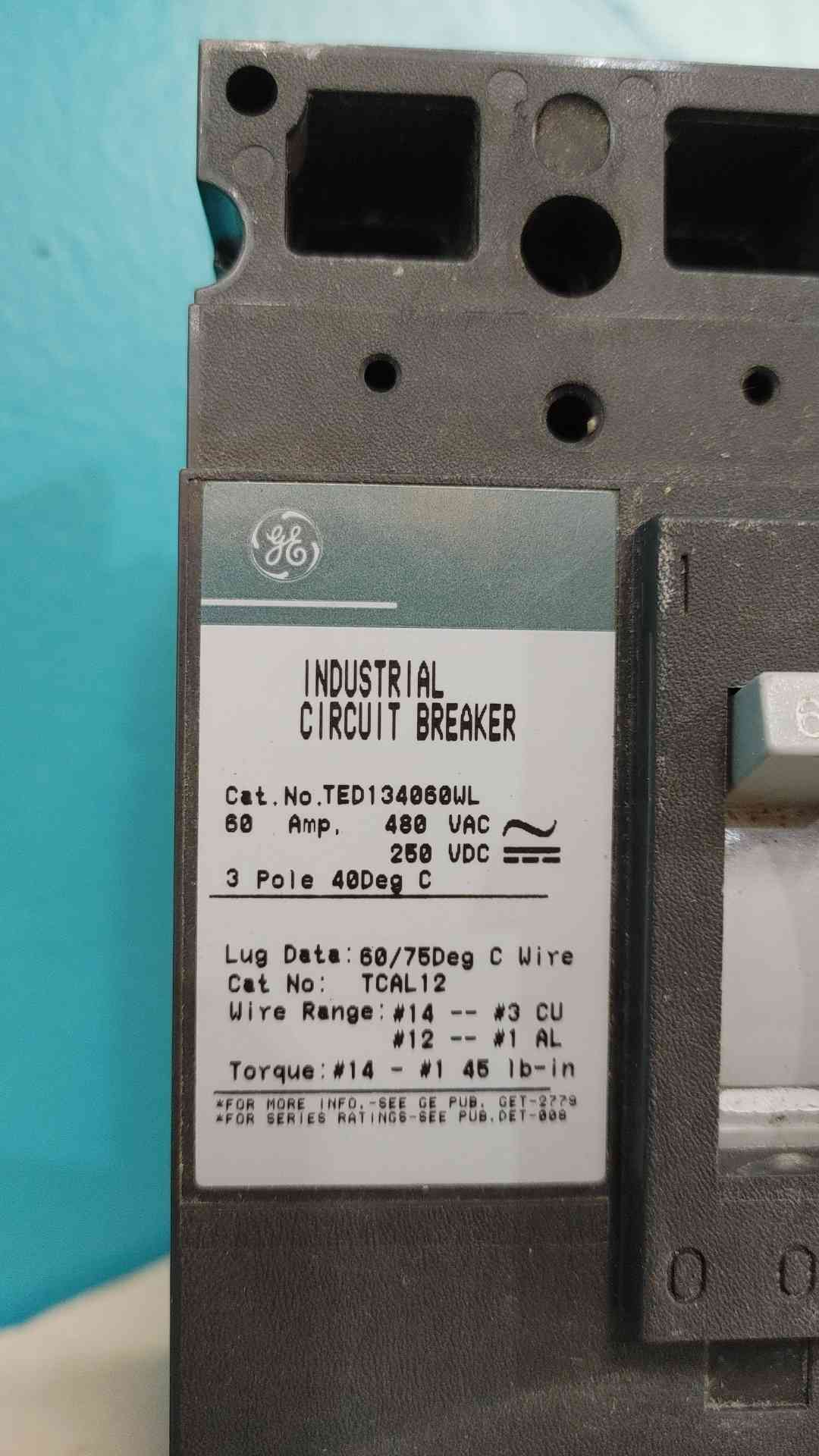 GE TED134060WL 60A 3 Pole 480V Industrial Molded Case Circuit Breaker TED134060