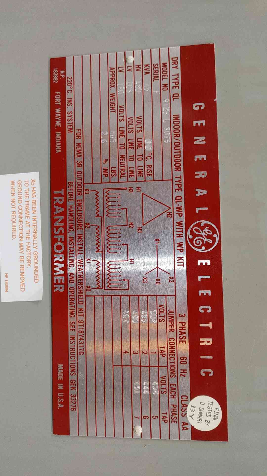 GE 9T23L8073 45 KVA Transformer 3 Phase 480V Delta to 208Y/120V Dry