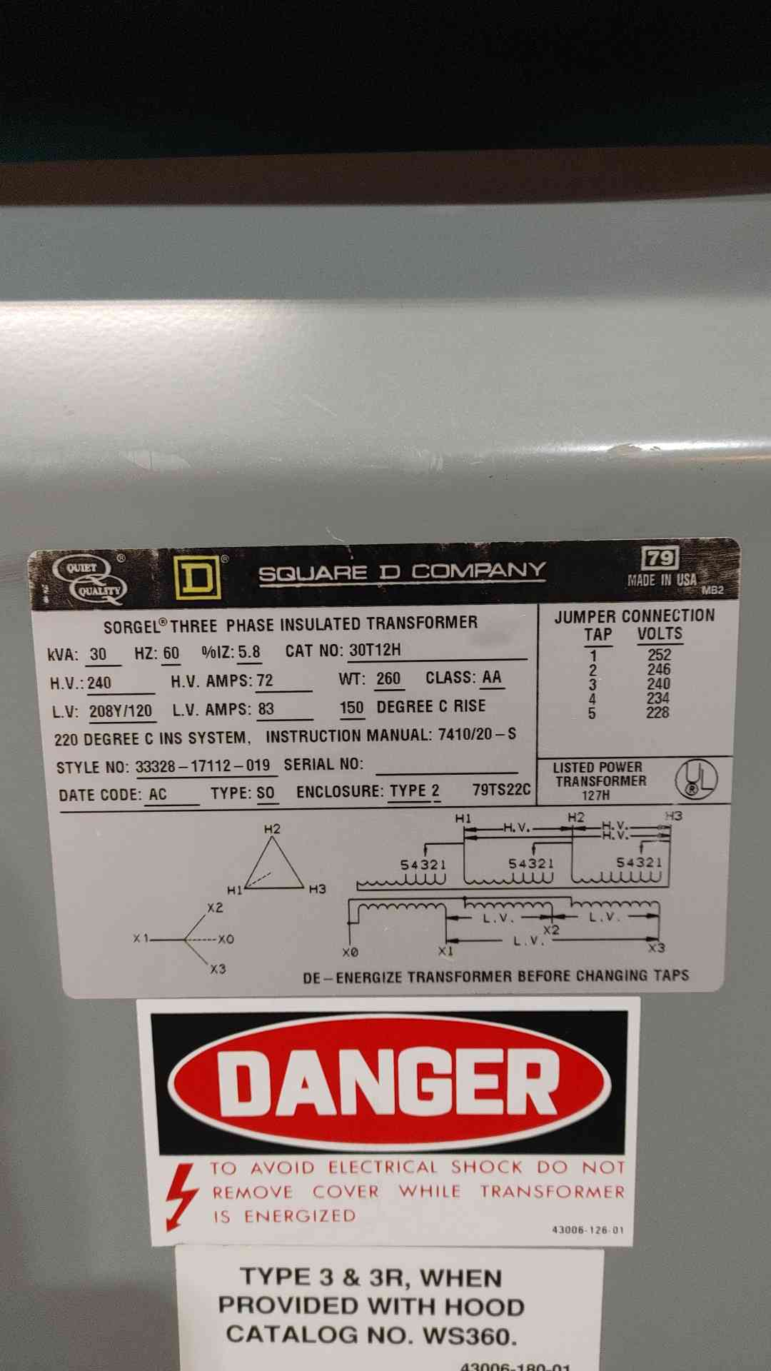 Square D Sorgel 30T12H 30 kVA Transformer 240V to 208Y/120V 3 Phase Dry Type