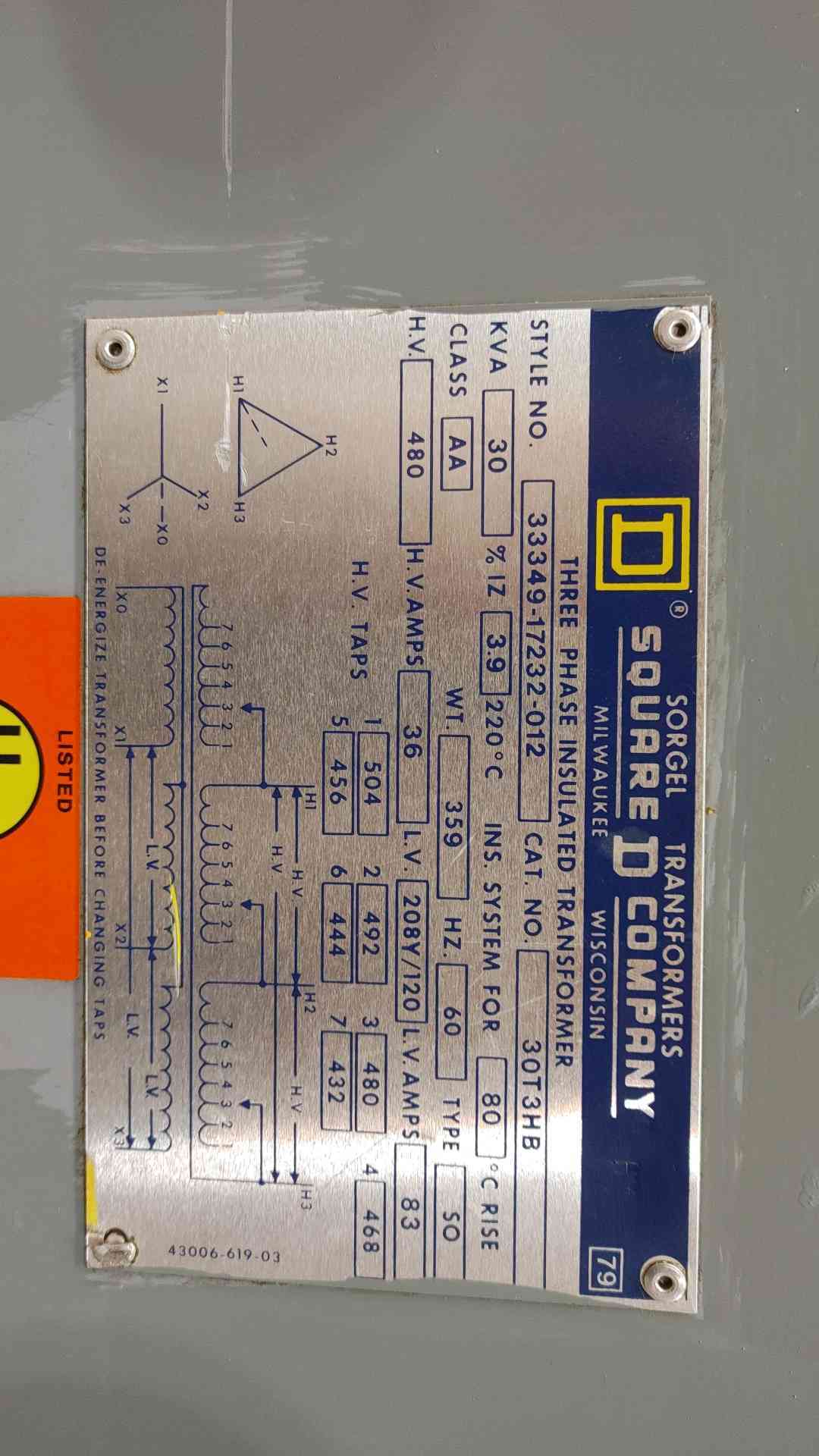 Square D Sorgel 30T3HB 30 kVA Transformer 480V to 208Y/120V 3 Phase Watchdog