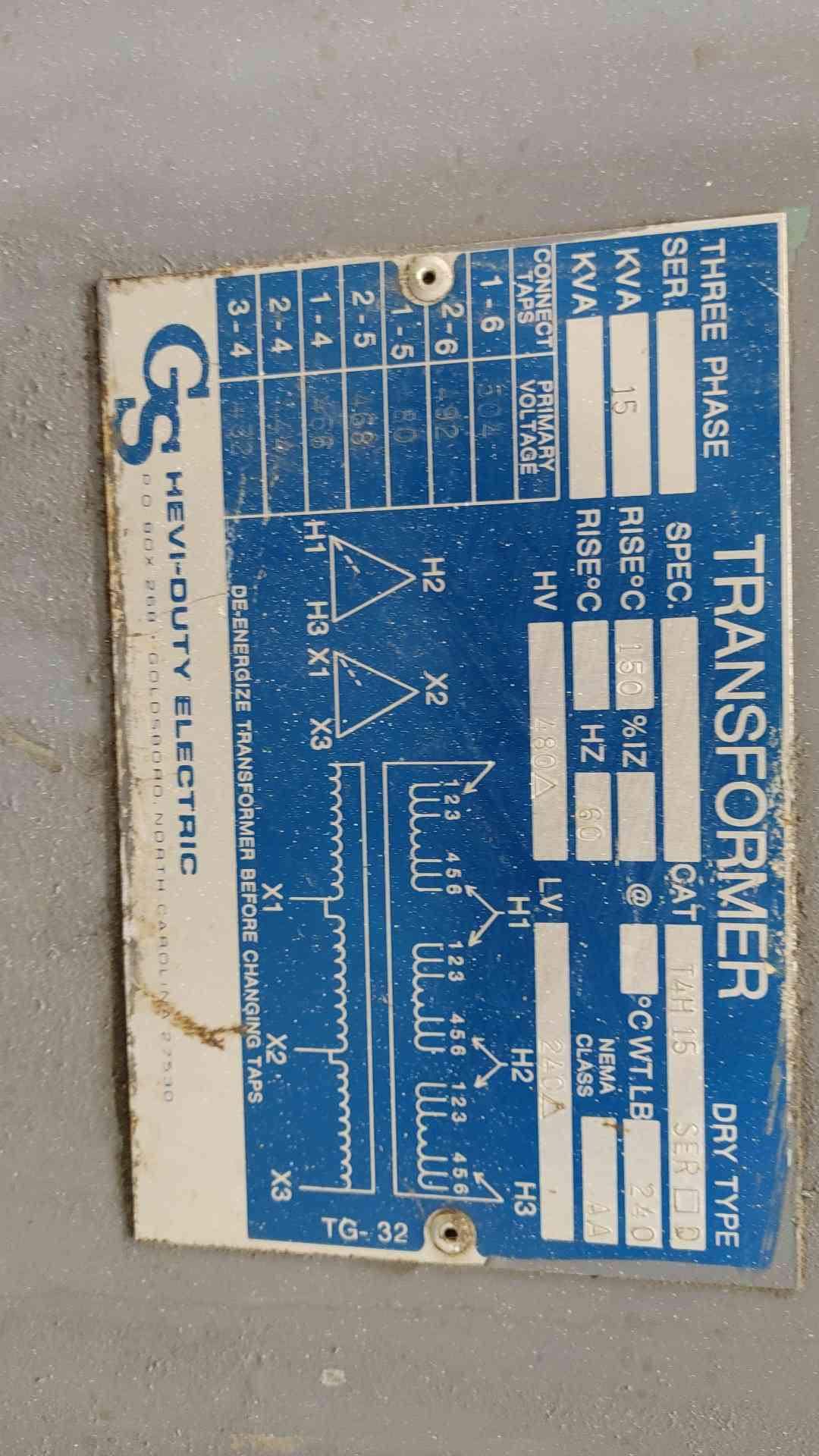 Hevi-Duty Sola T4H15 15 kVA Dry Type Transformer 480V to 240V 3 Phase 60Hz