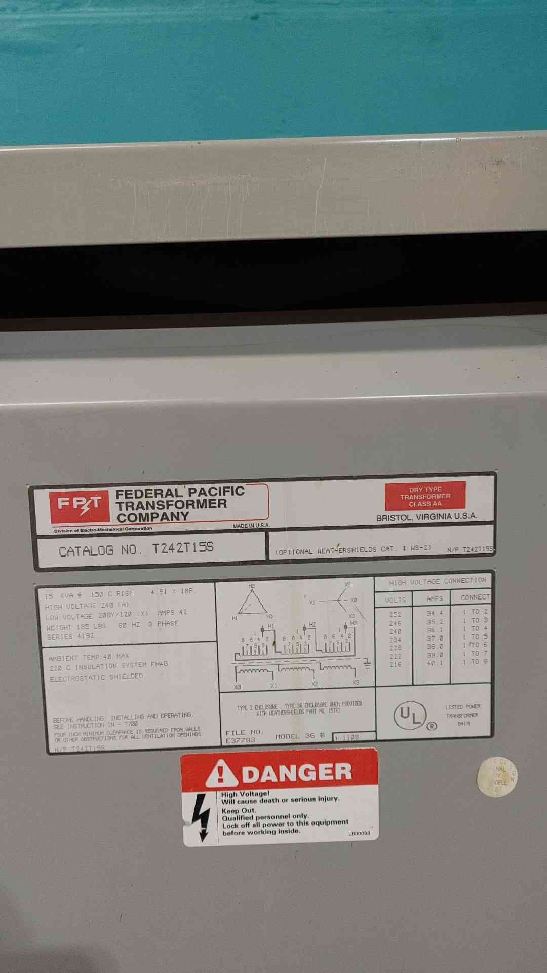 Federal Pacific T242T15S 15 KVA Transformer 240V Delta to 208Y/120V 3PH