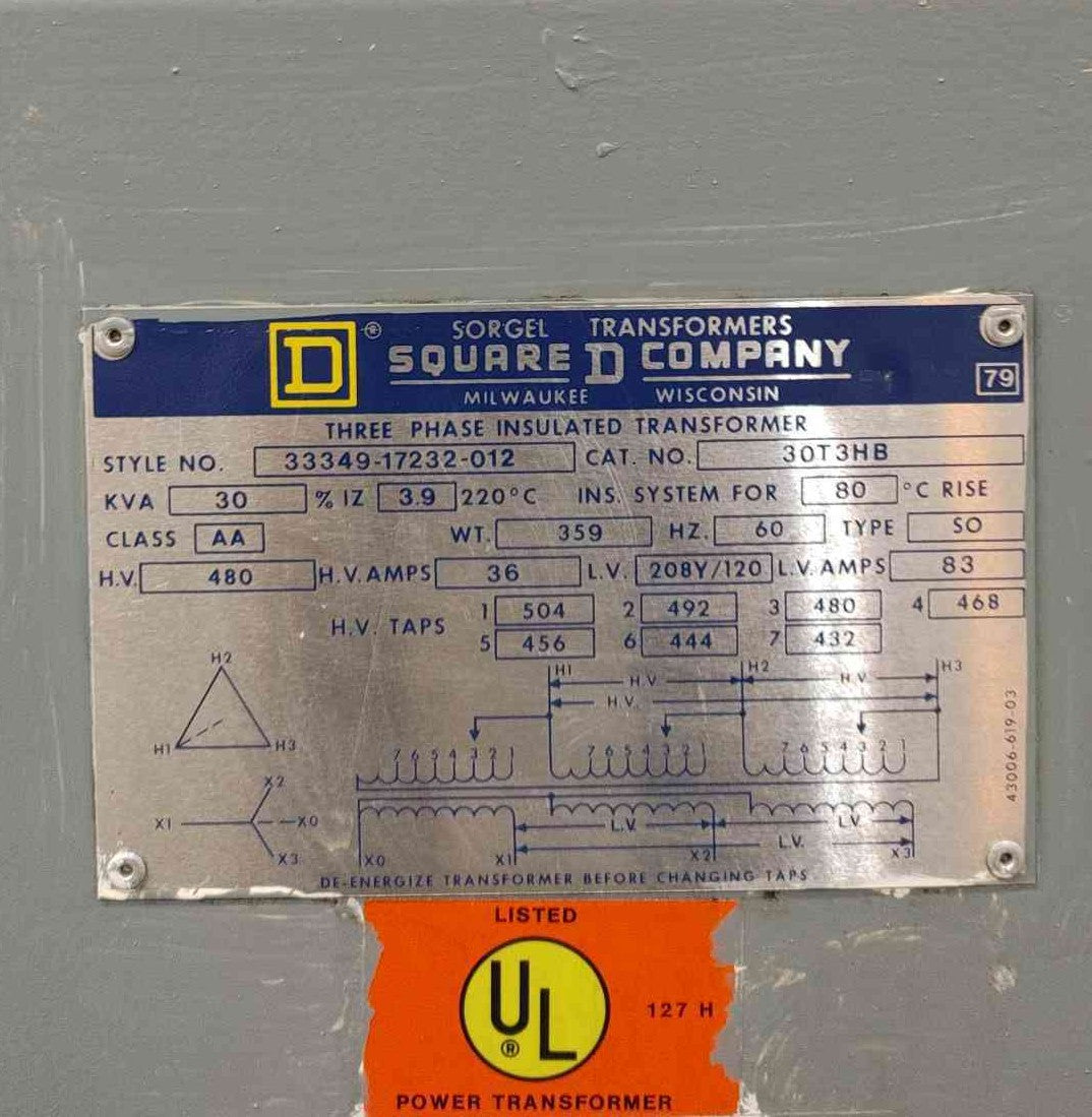 Square D Sorgel 30T3HB 30 KVA 80C Low Temp Transformer 480V to 208Y/120V