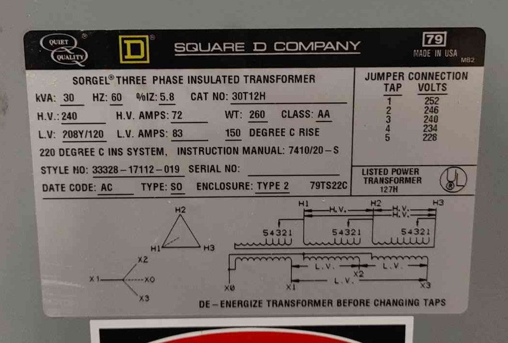 Square D Sorgel 30T12H 30 KVA Transformer 240V Delta to 208Y/120V 3PH