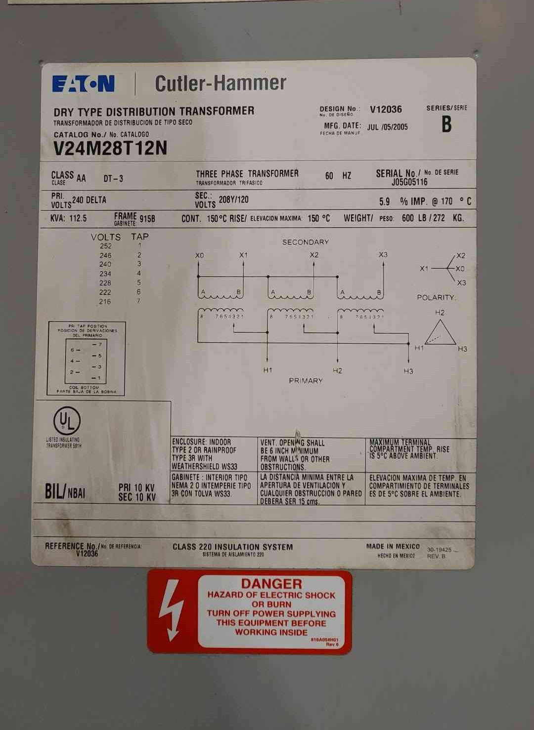 Eaton Cutler Hammer V24M28T12N 112.5 KVA Transformer 240V Delta 208Y/120V