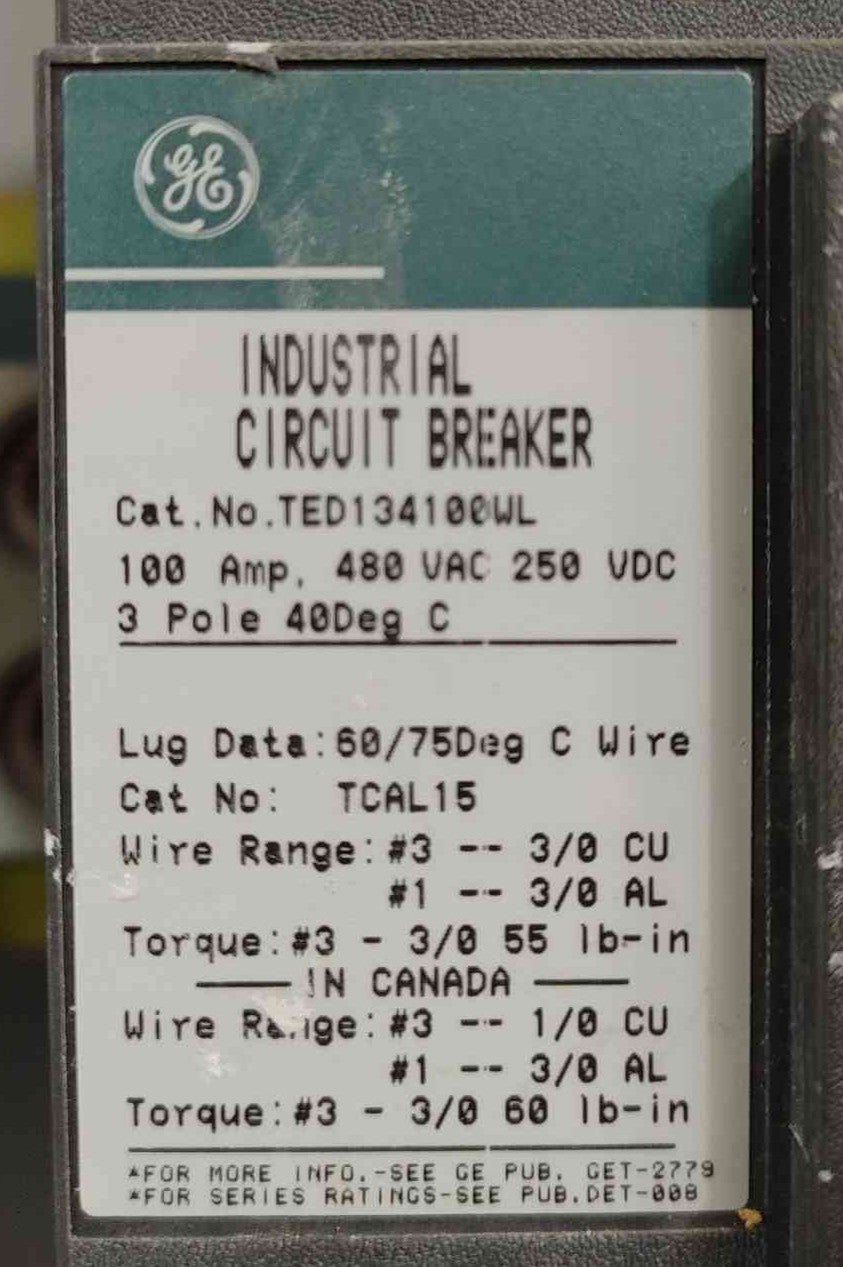GE TED134100WL 100A 480V 3-Pole Circuit Breaker & Enclosure TED134100