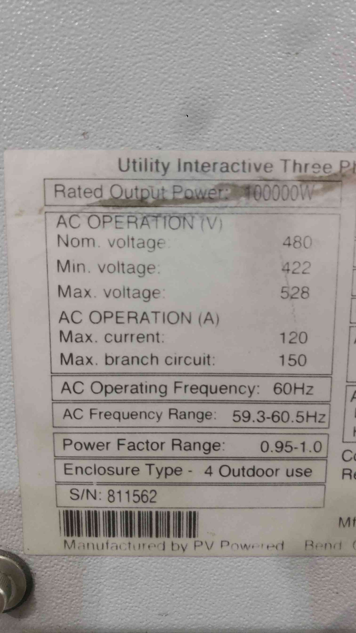 PVPowered PVP100kW Commercial Solar Inverter 100kW 480V 3PH Grid-Tie Advanced Energy