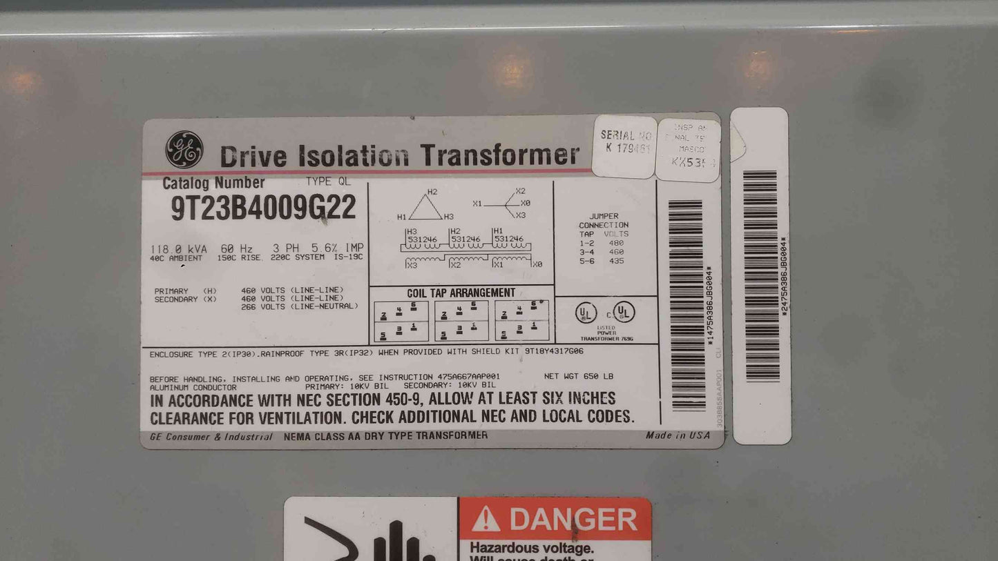 GE 118 KVA Drive Isolation Transformer 3PH 460V 9T23B4009G22 Dry Type
