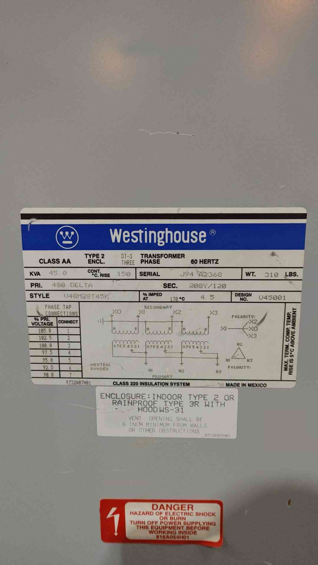 Westinghouse 45 kVA K-4 Transformer 480V to 208Y/120V 3Ph Dry Type V48M28T45K
