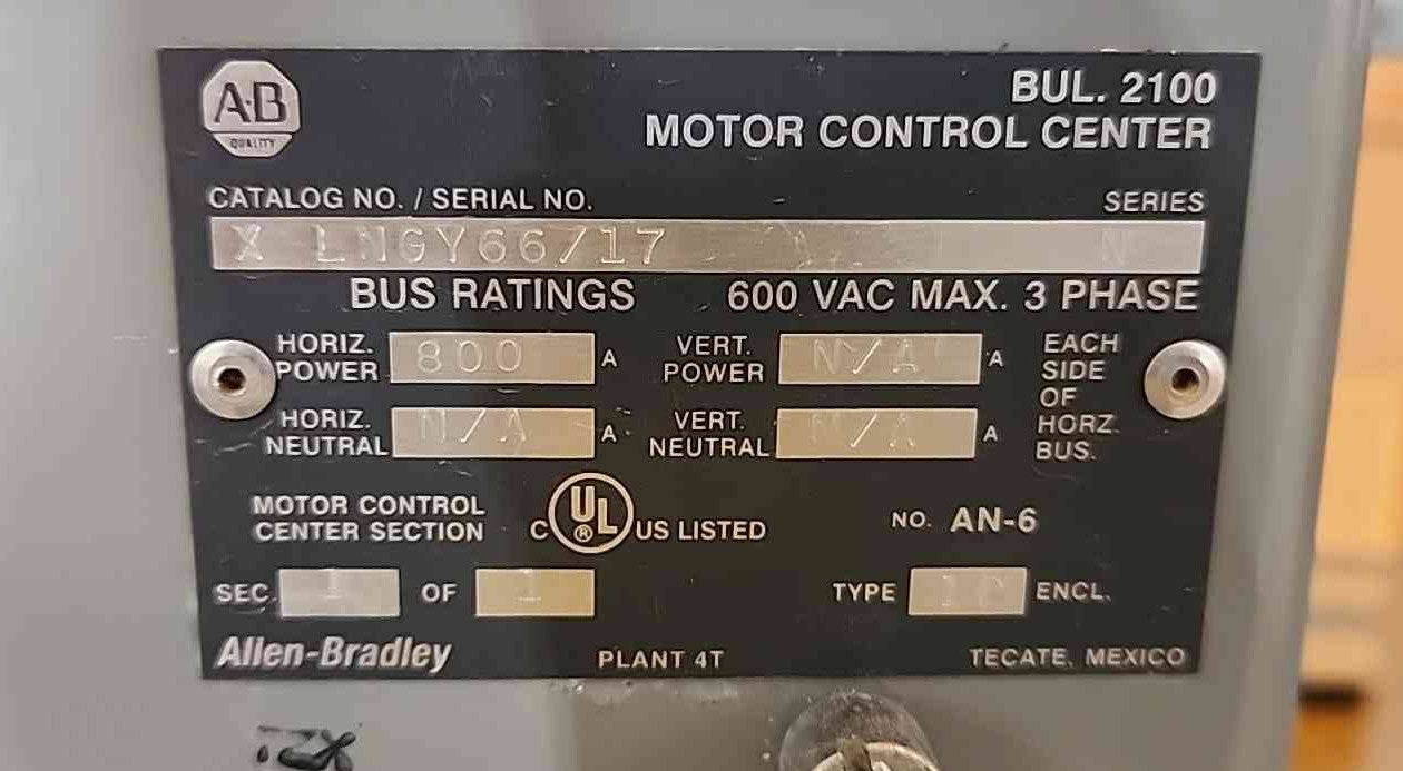 Allen Bradley Centerline 2100 MCC Section 600V 800A Bus Motor Control Center