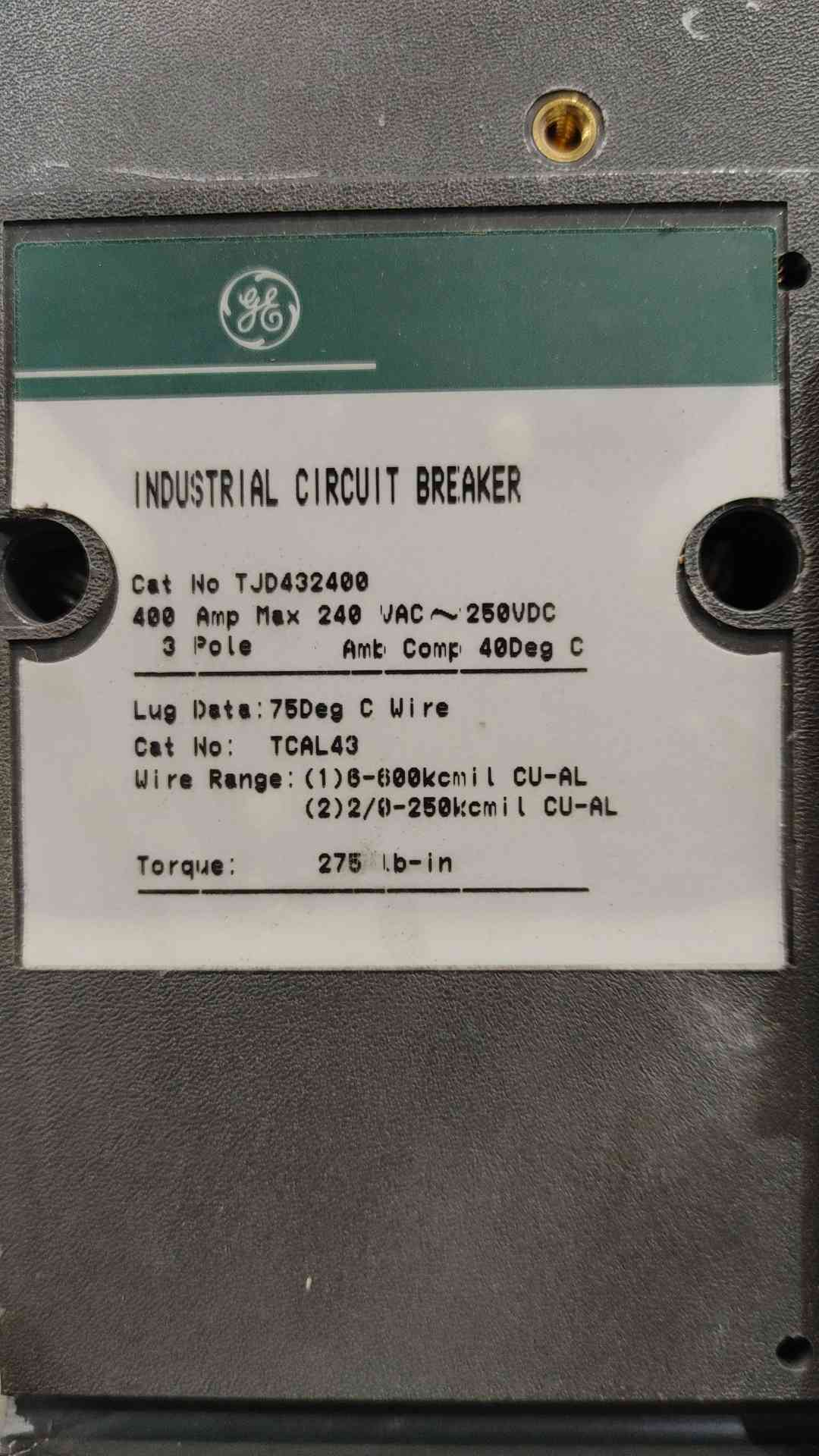 GE TJD432400 400A 3 Pole 240V Circuit Breaker TJD 400 Amp Molded Case TJD432