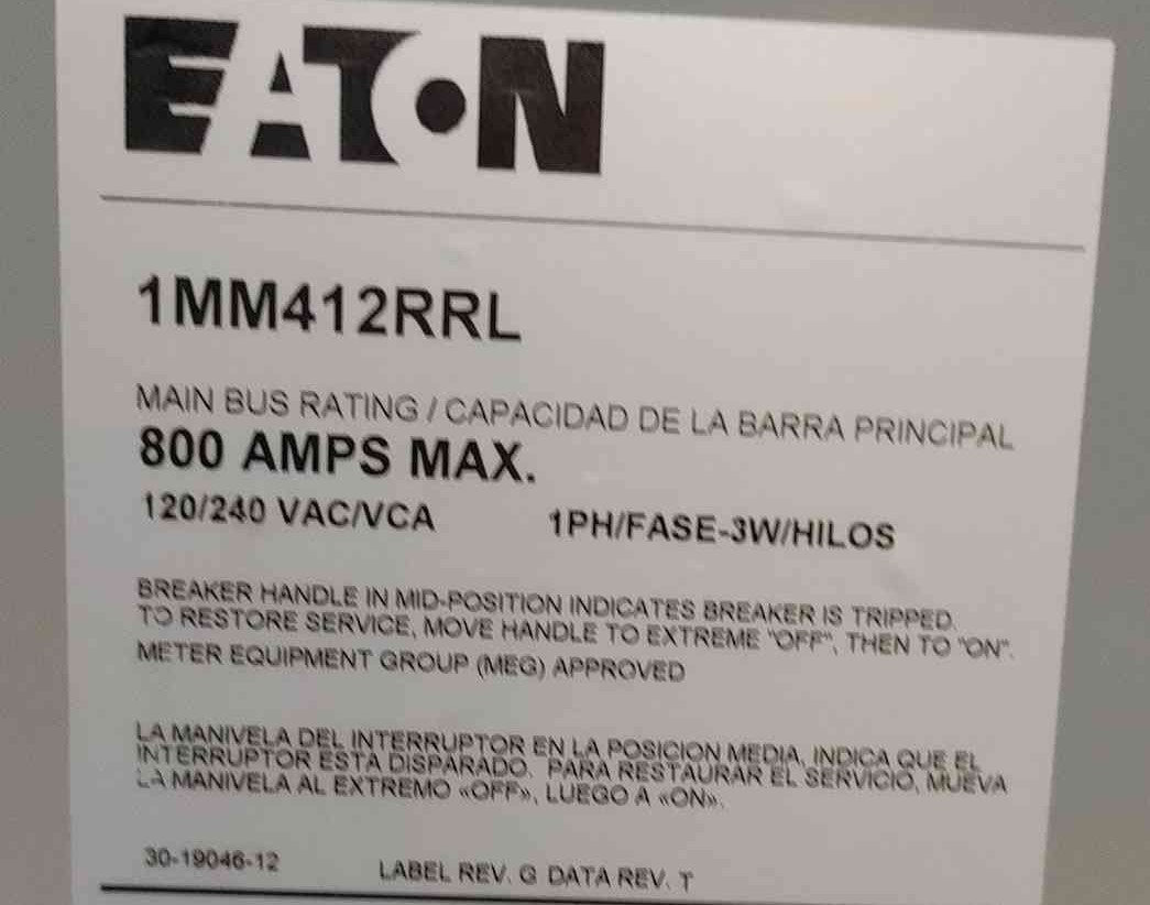 (New) Eaton 1MM412RRL 4 Gang Meter Stack 800A Bus 120/240V Ringless Meter Pack Panel