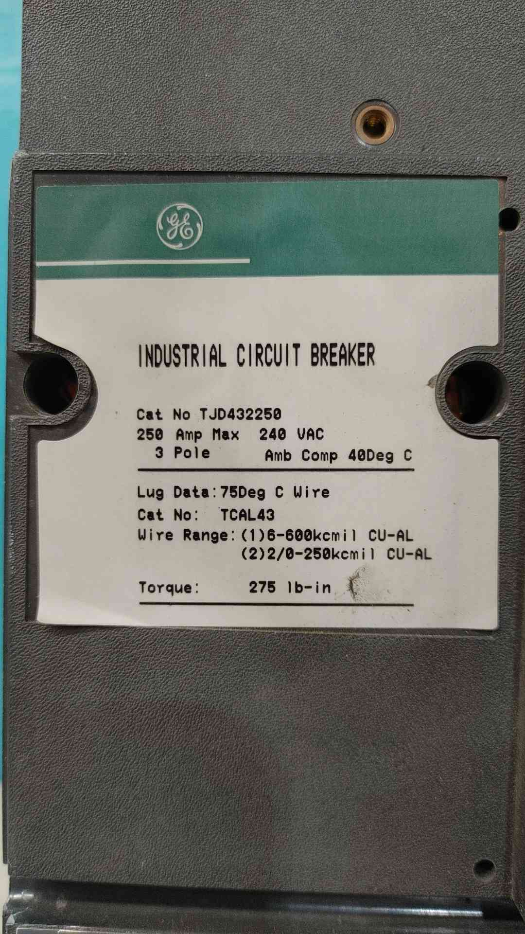 GE TJD432400 Industrial Circuit Breaker, 3-Pole, 250A Max, 240VAC (Sku:114697)