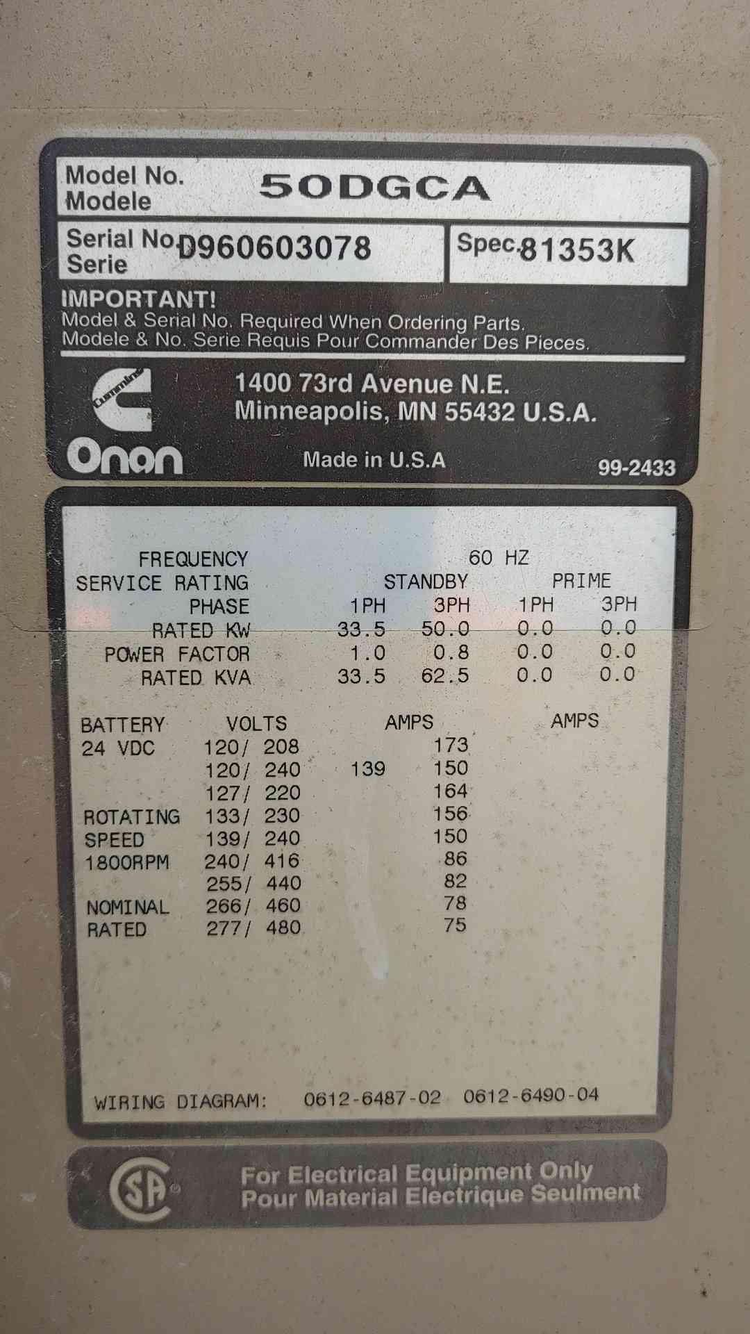 Cummins ONAN 50KW 3PH 33KW 1PH Diesel Generator -MODEL No. 50DGCA- 1241Hrs TESTED(SKU: 115141)