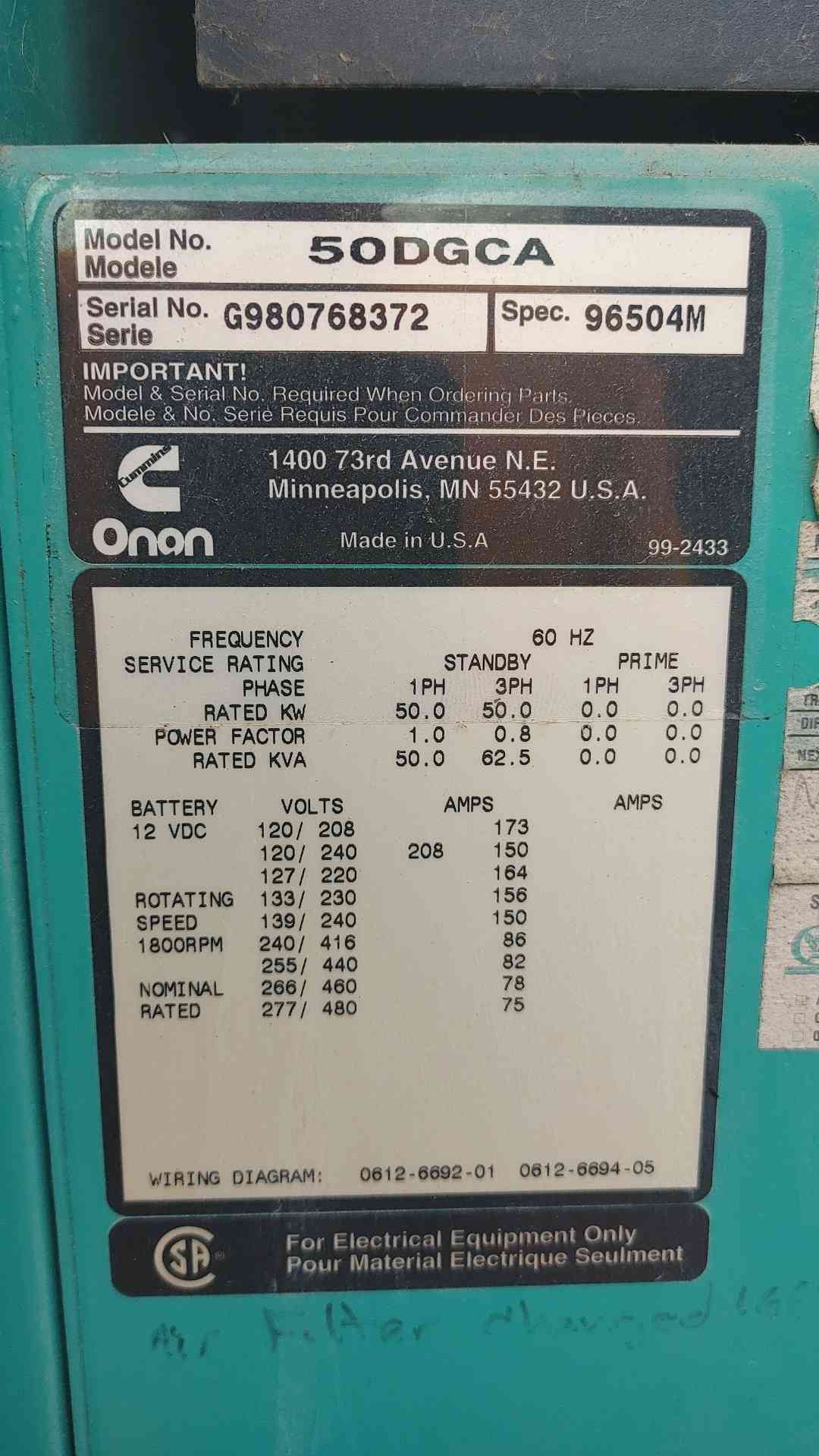 Cummins Onan 50DGCA 50 kW Diesel Generator 120/240V 277/480V Subbase Tank 770Hr TESTED(SKU: 115155)