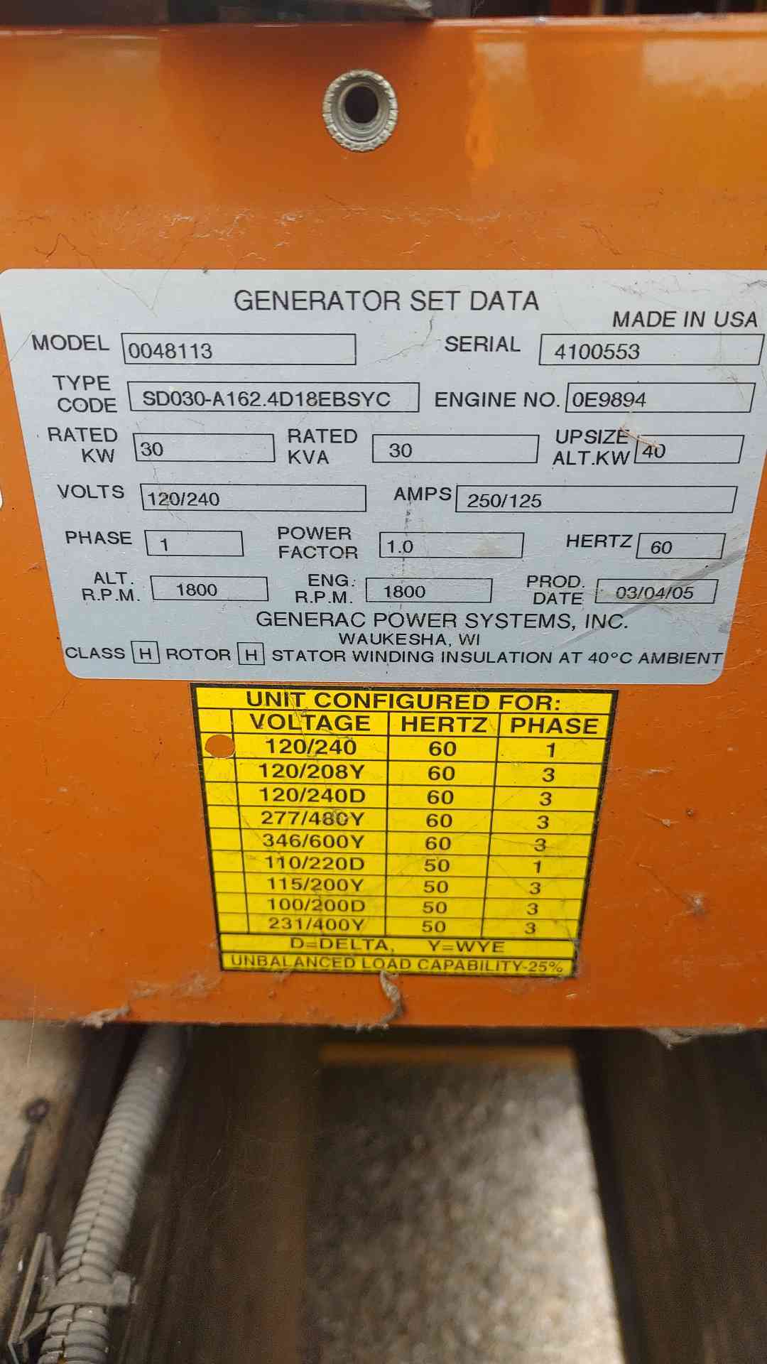 2005 Generac 30 kW Diesel Generator 120/240V 1PH Sound Attenuated Tank 680HrTESTED