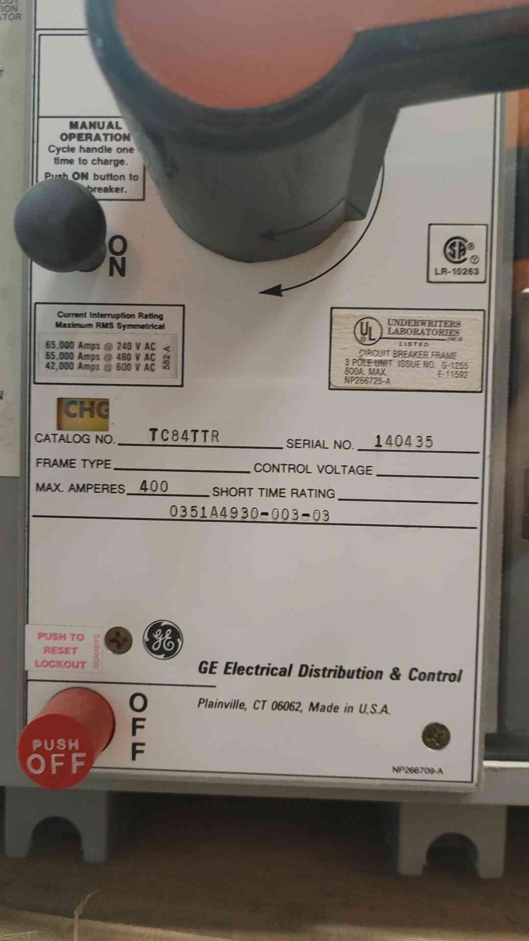 GE Power Break TC84TTR 400A Circuit Breaker Drawout MicroVersaTrip Plus 800A Frame