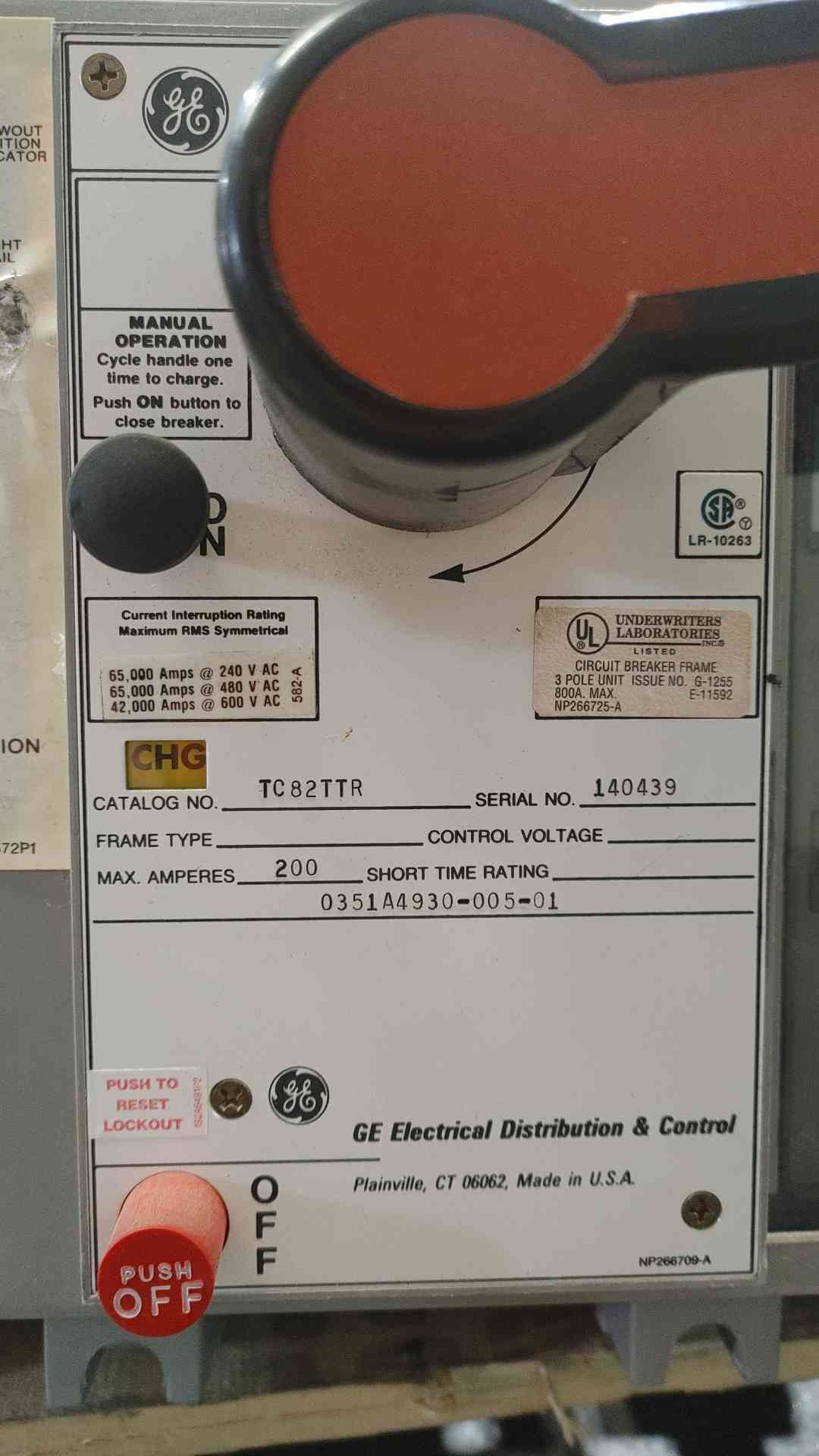 GE Power Break 800A Frame TC82TTR 200A Circuit Breaker Drawout MicroVersaTrip Plus 800A Frame