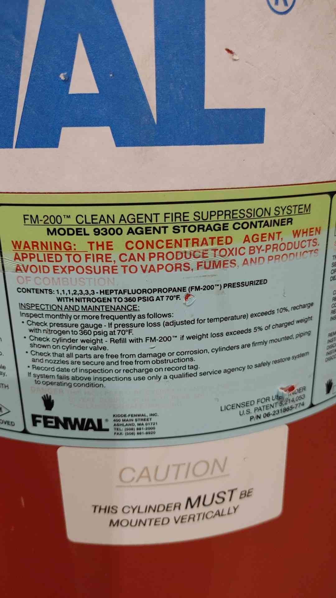 Fenwal 199 LBS Full 111 LBS FM-200 Agent Fire Suppression System (SKU: 115239)