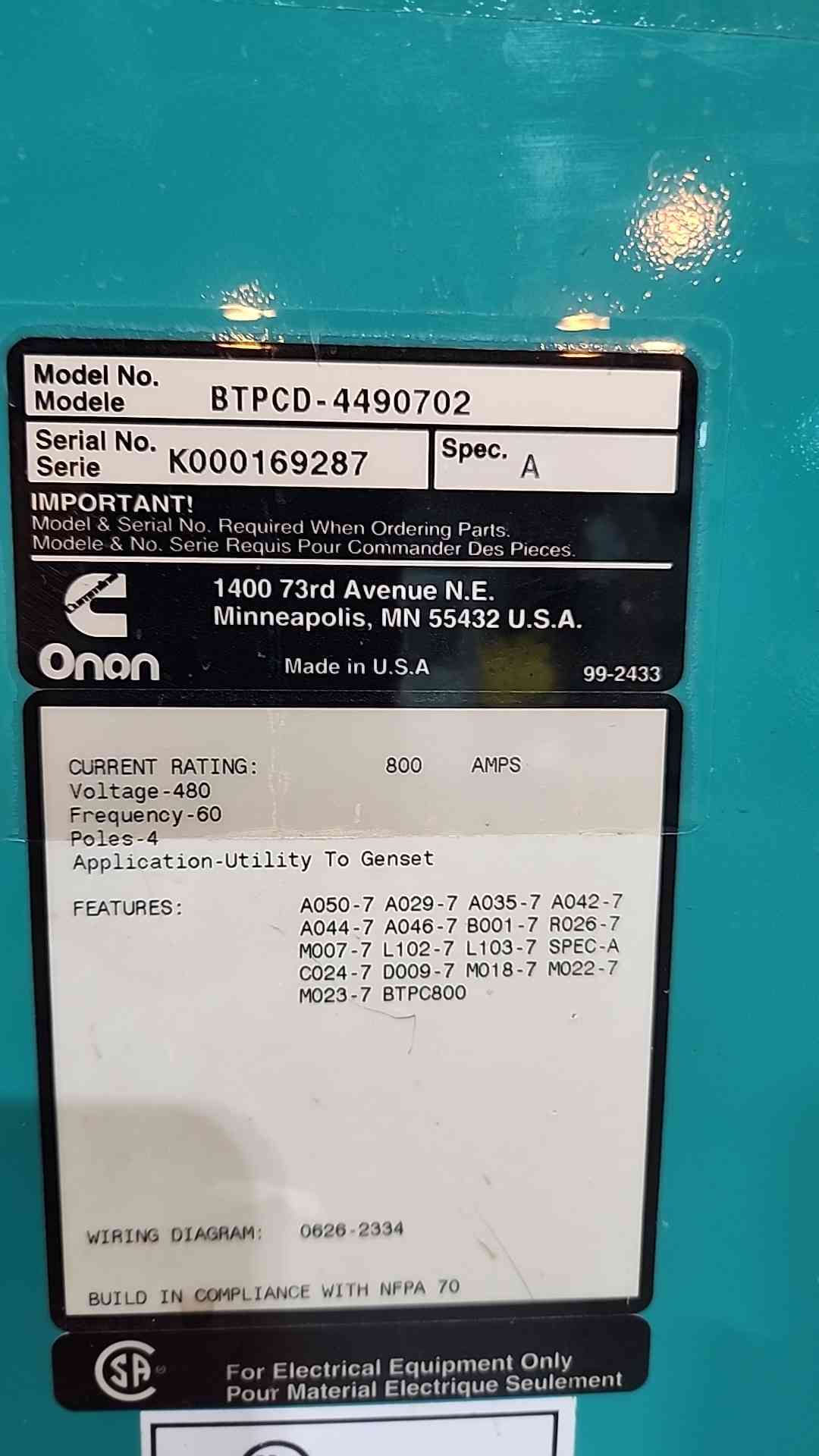 Cummins Onan BTPCD 800 Amp 480V 4 Pole Automatic Transfer Switch ATS Bypass 800A