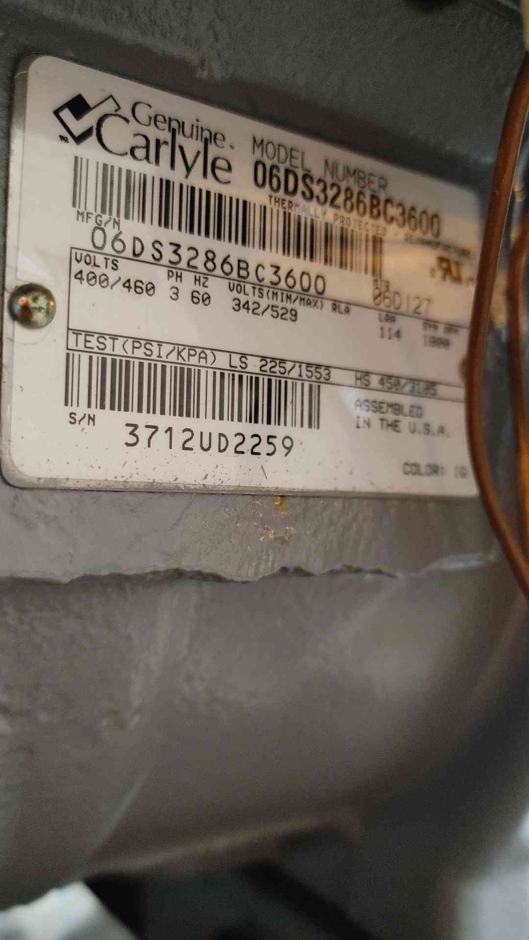 Carlyle Carrier 06DS3286BC3600 6-Cylinder Semi Hermetic Compressor 460V 3Ph 06D