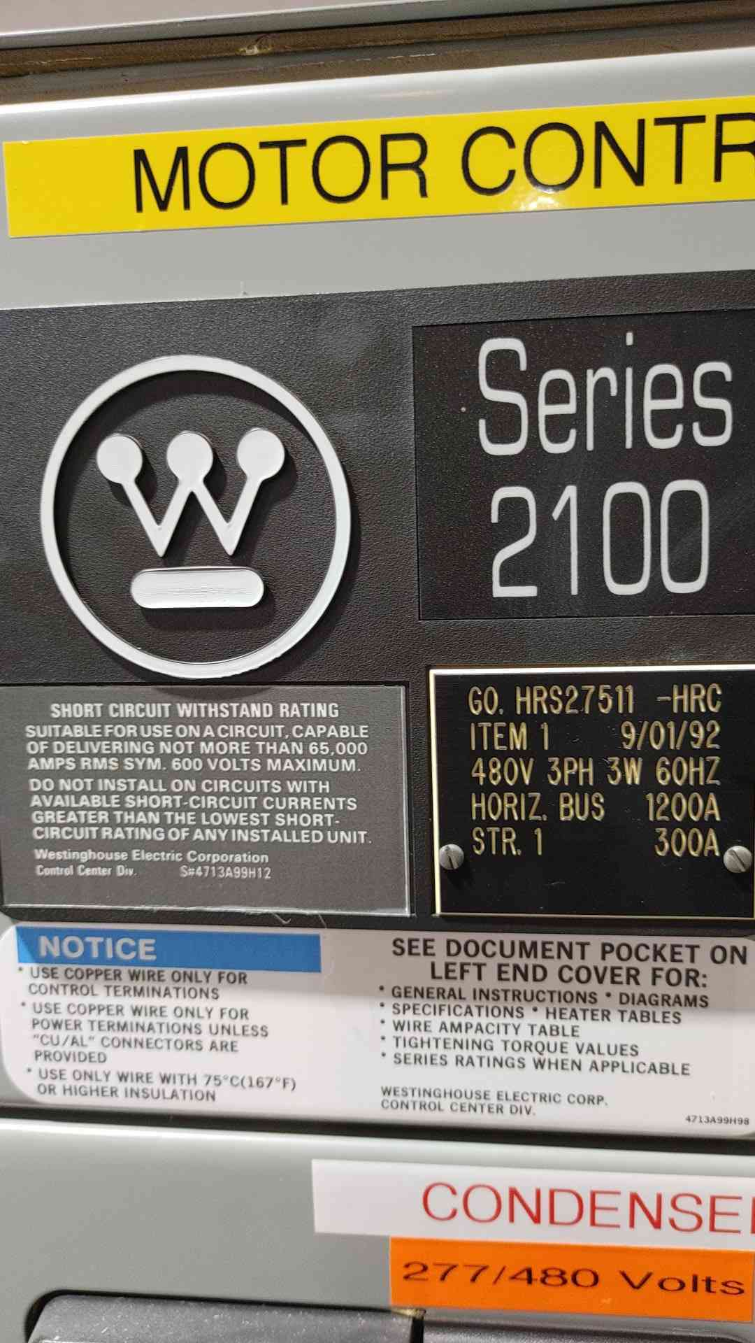 Westinghouse Series 2100 Motor Control Center MCC 480V 3PH 1200A Bus 4-Section
