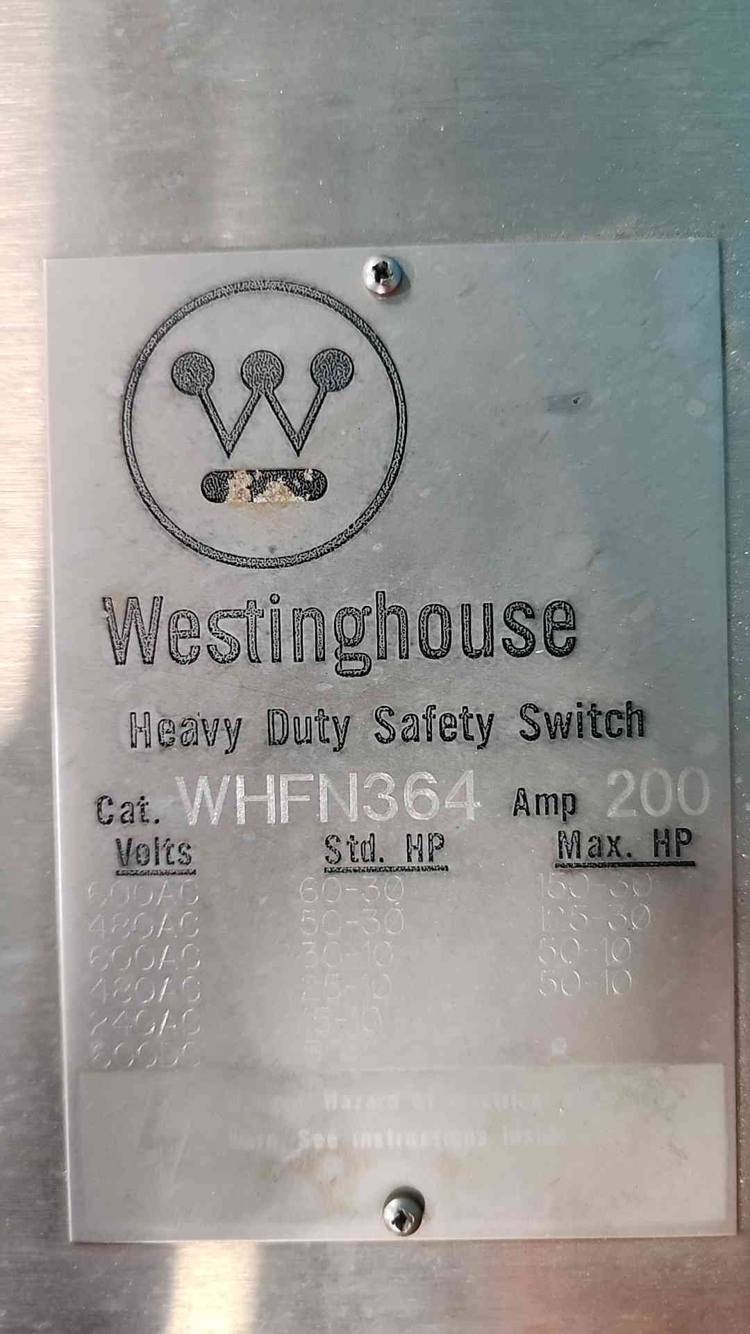 Westinghouse WHFN364 200A 600V 3 Pole Stainless Steel Safety Switch NEMA 4X Fused
