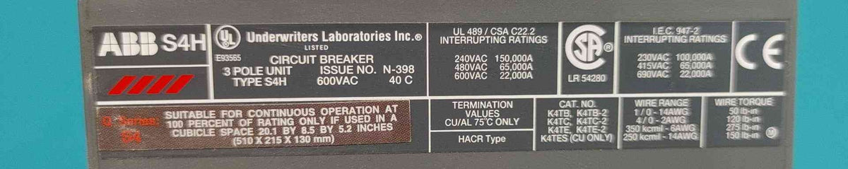ABB SACE S4 S4H 250A 3 Pole Circuit Breaker 600V PR211 Trip Unit 250 Amp 65kA