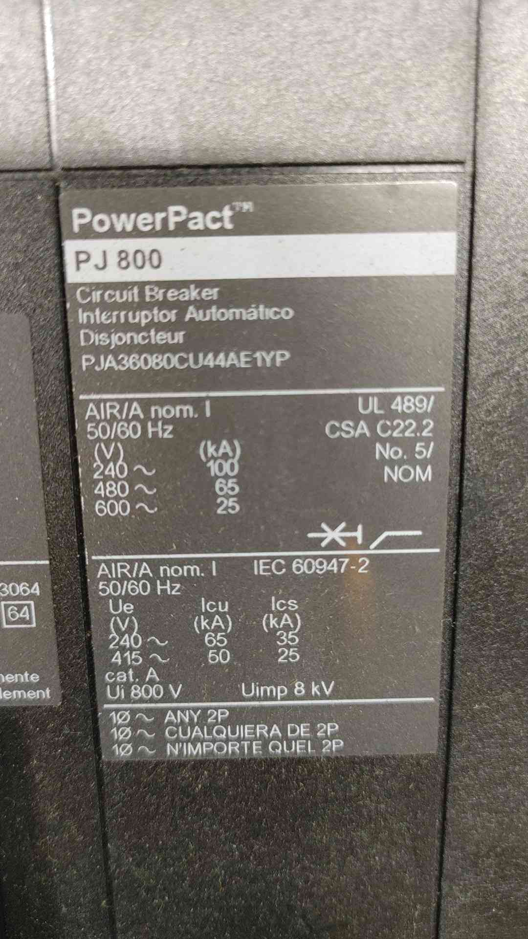 Square D PJA36080CU44AE1YP 800A 3P Circuit Breaker I-Line 600V MicroLogic 6.0A