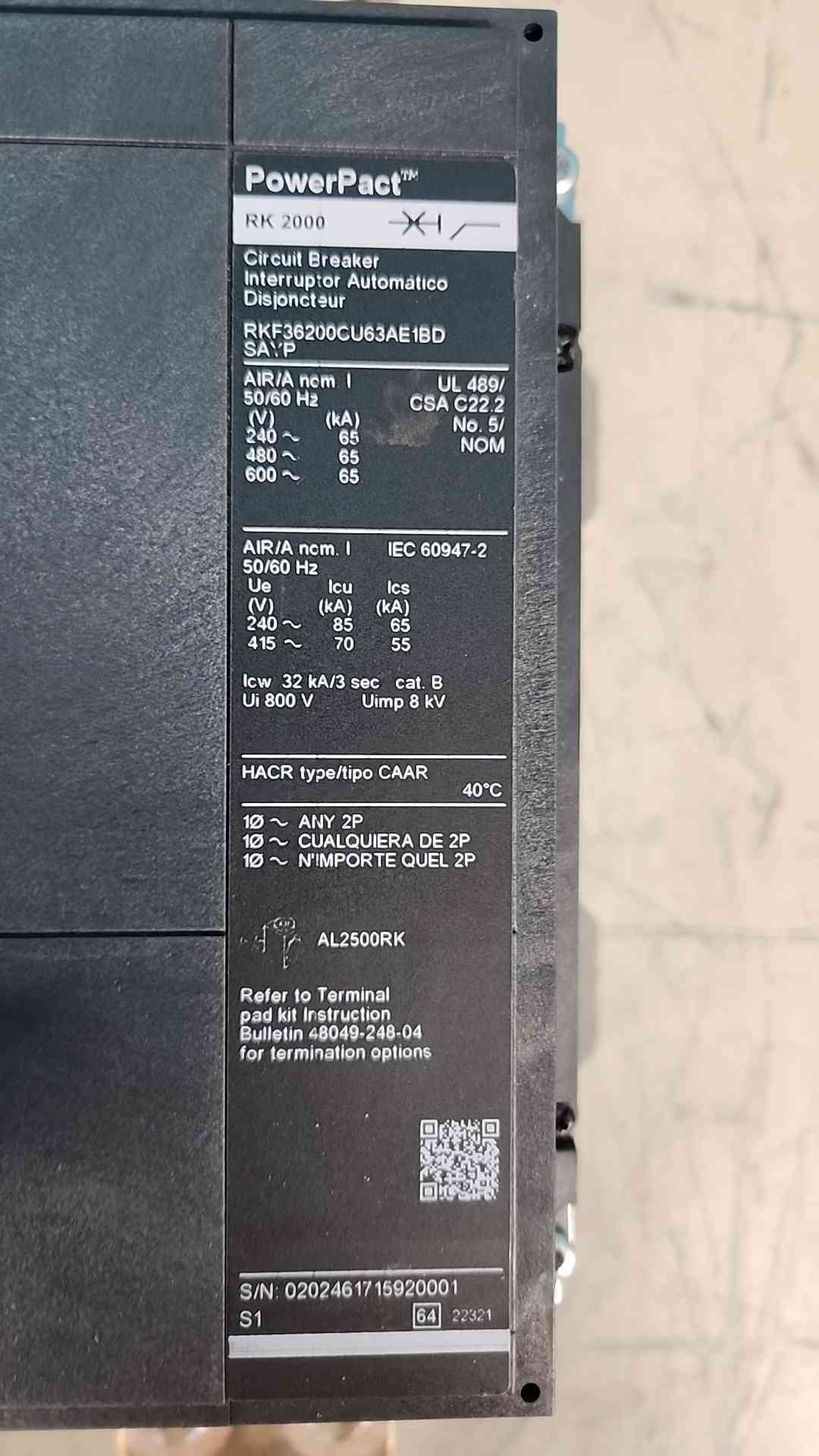 Square D PowerPact RK2000 RKF36200CU63AE1BDSAYP 2000A Circuit Breaker Micrologic