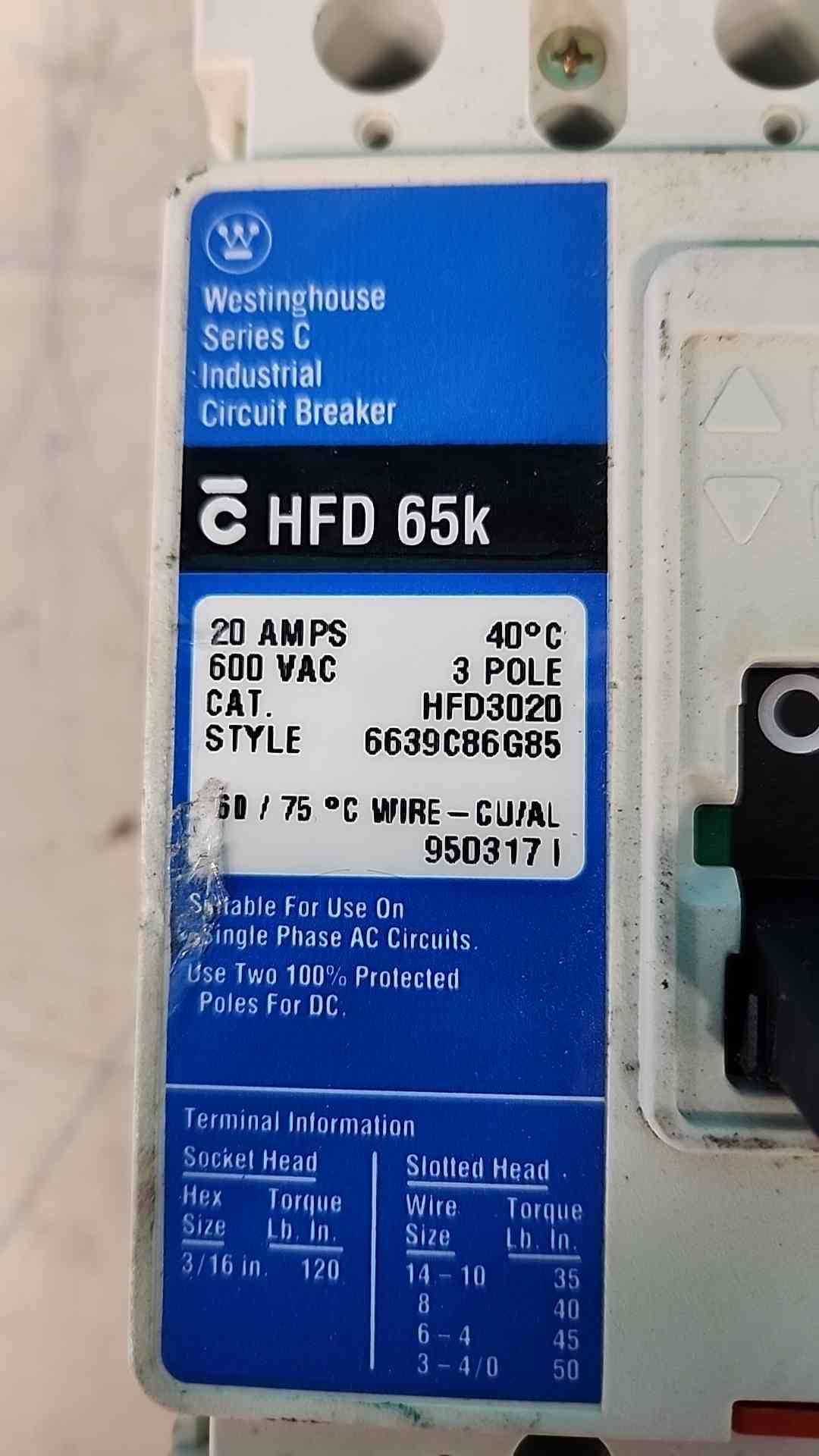 Westinghouse HFD3020 20A 3 Pole Circuit Breaker 600V HFD 65k Series C 6639C86