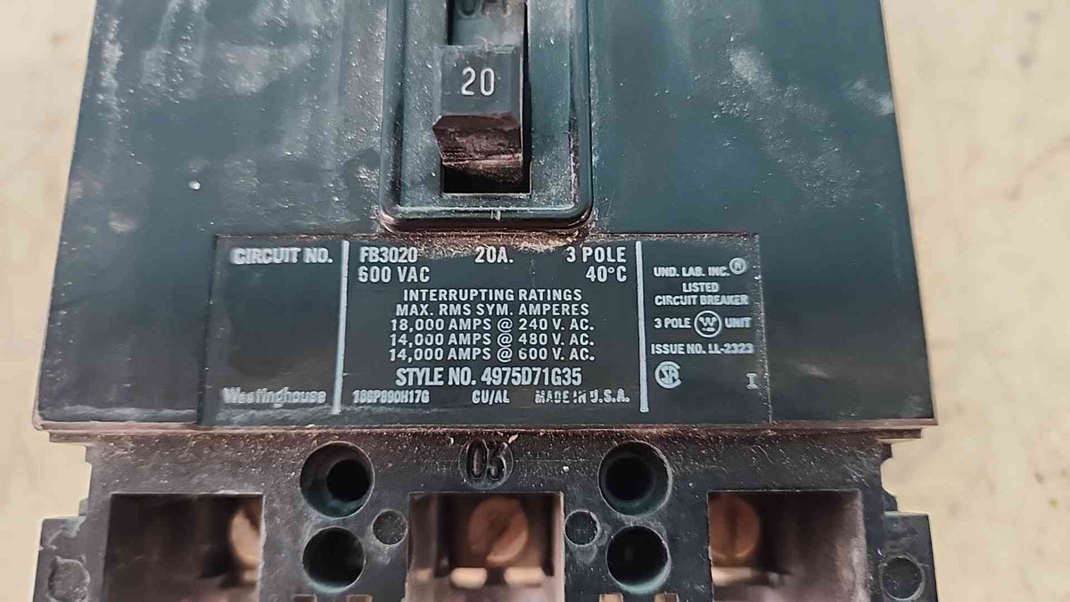 Westinghouse FB3020 20A 3 Pole Circuit Breaker 600V FB Frame 4975D71G35