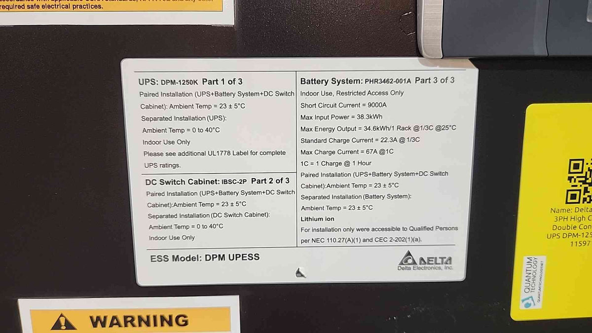 Delta DPM-1250K 1250kVA/1250kW 480V 3PH High Density UPS High Capacity Double Conversion