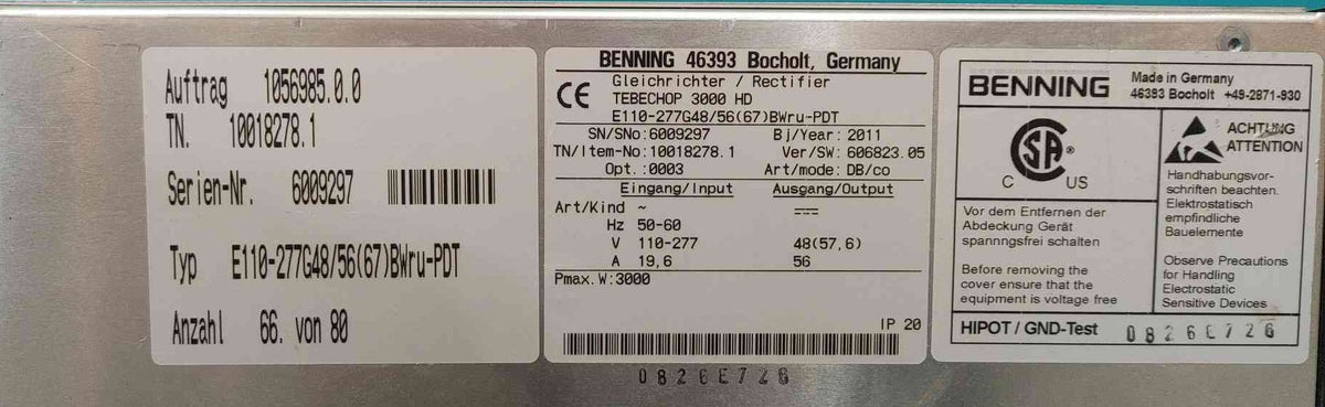 Benning TEBECHOP 3000 HD Rectifier Module 3kW 48V 56A 10018278.1 Power Supply
