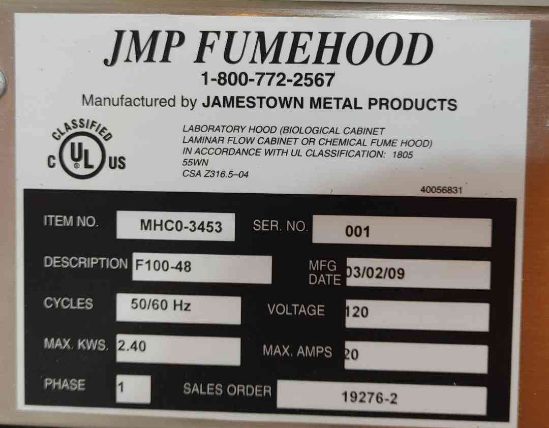 Jamestown Metal JMP F100-48 4 Ft Benchtop Chemical Fume Hood Lab Cabinet 120V