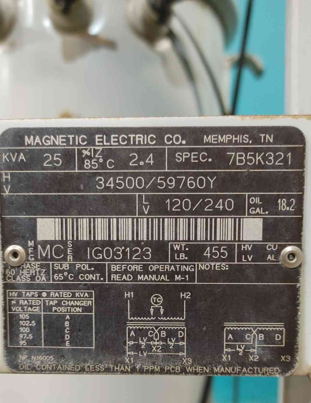 Magnetic Electric 25 kVA Overhead Pole Transformer 34500V 34.5kV to 120/240V