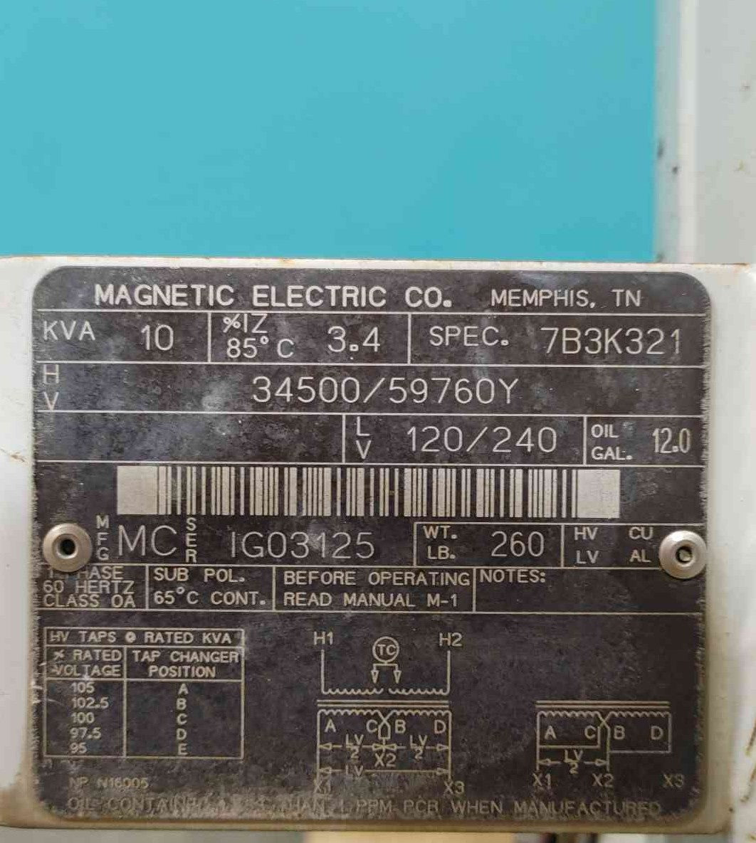 Magnetic Electric Co. 10 kVA Single-Phase Overhead Distribution Transformer 34500V to 120/240V (Sku:116310)