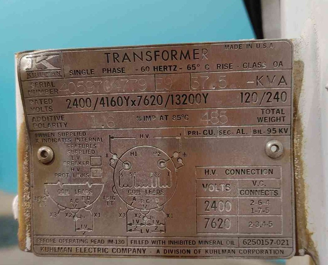 Kuhlman 37.5 kVA Overhead Pole Mount Transformer 2400/7620V to 120/240V 1 Phase