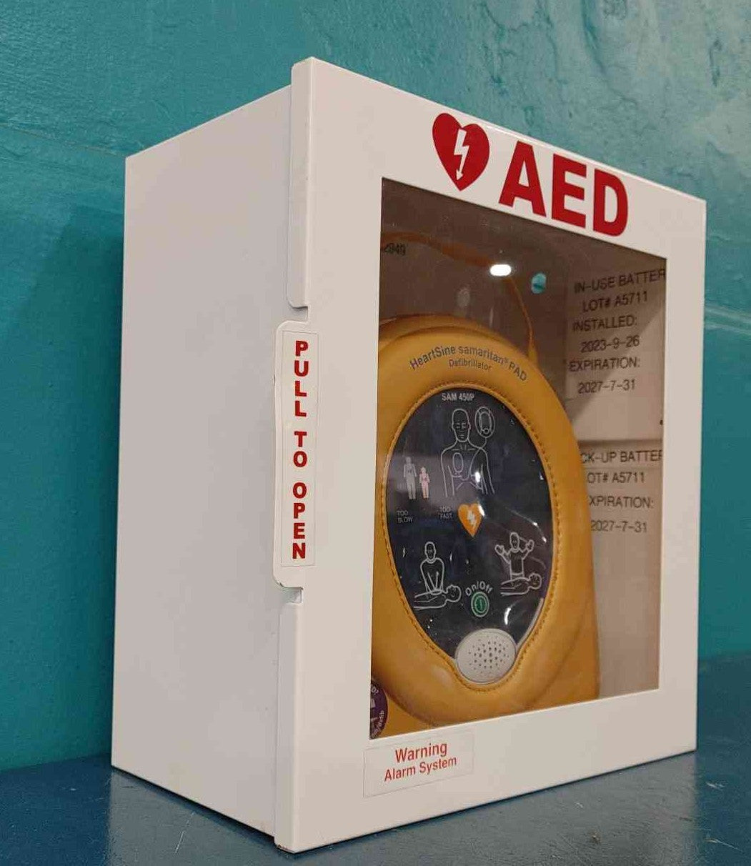 HeartSine Samaritan PAD 450P AED Defibrillator SAM450P w/ Wall Cabinet 2027 EXP