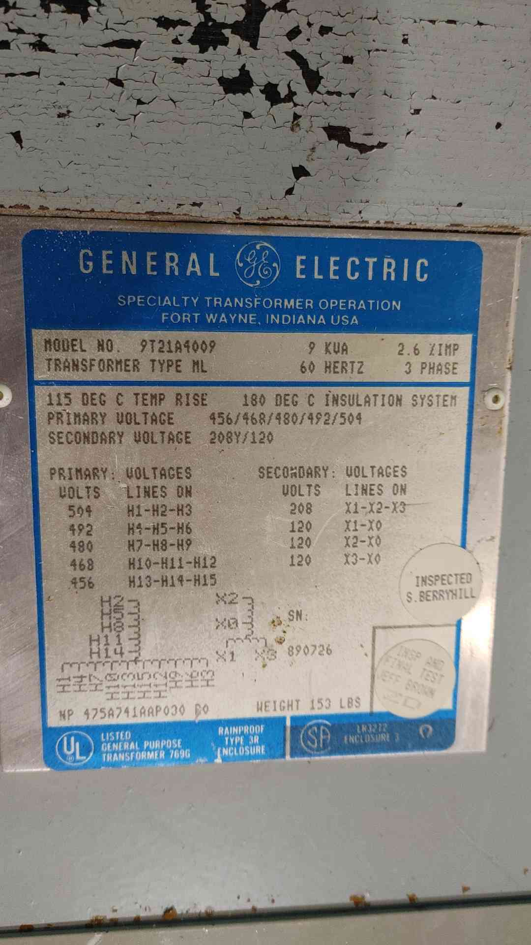 GE 9 kVA 3-Phase Dry Transformer 480V to 208Y/120V 9T21A4009 Type 3R Outdoor
