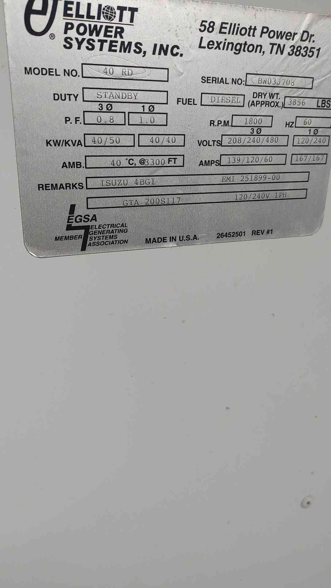 Elliott Power Systems 40 kW Diesel Generator Isuzu 4BG1 120/240V 40RD Enclosed 973h TESTED