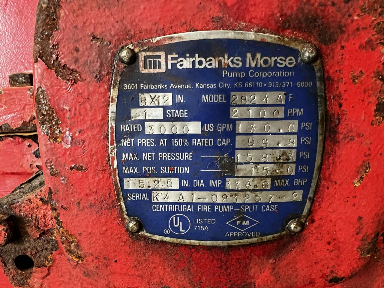 Fairbanks Morse/8BY10 Centrifugal Fire Pump, 3000 Gal, Per Minute at 130 PSI