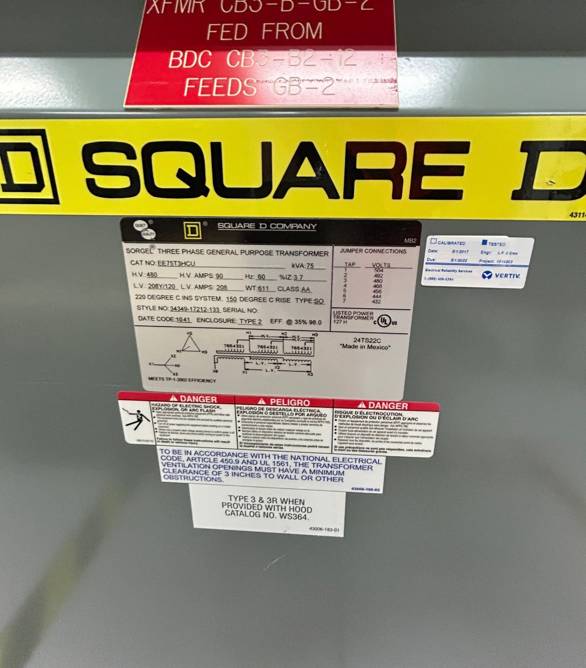 Square D Sorgel 75kVA Transformer 480V to 208Y/120V 3 Phase EE75T3HCU Dry Type