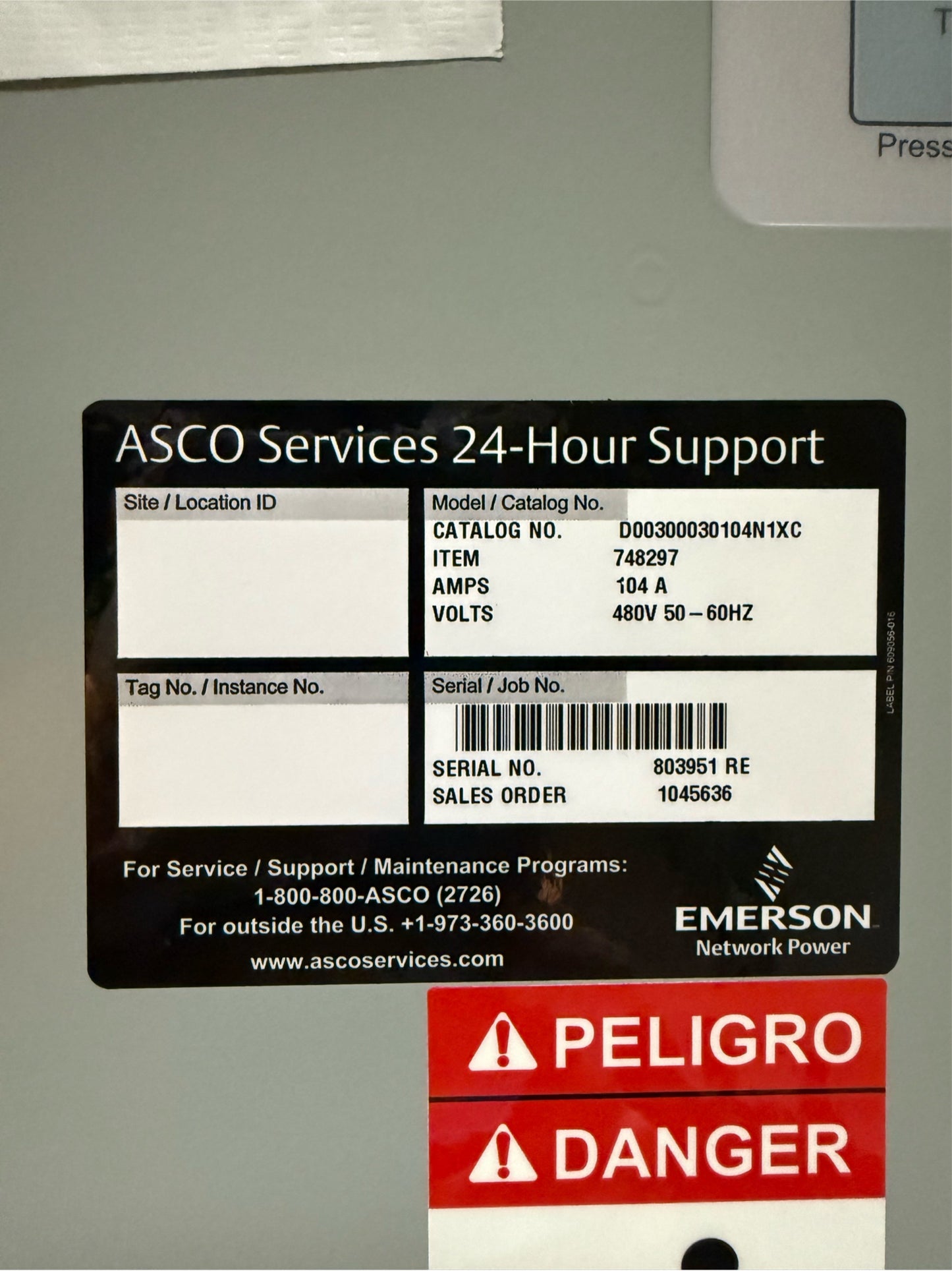 ASCO D00300030104N1XC ATS 104A 480V Automatic Transfer Switch (SKU: 109959)