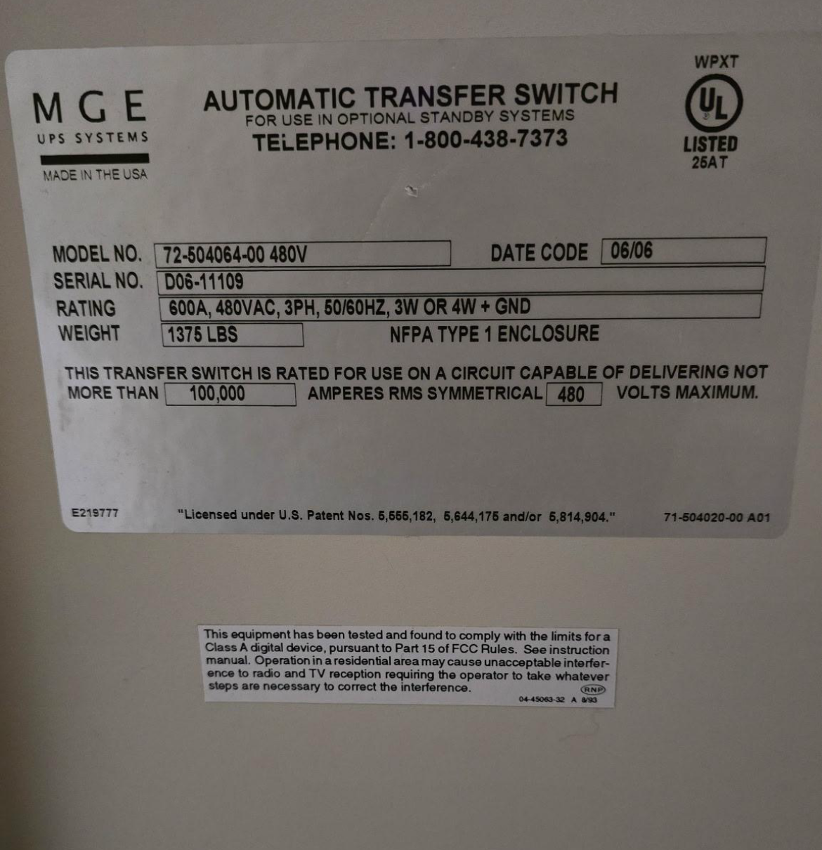 MGE Static Transfer Switch STS 600A 480V 3PH 72-504064-00 APC Schneider Electric