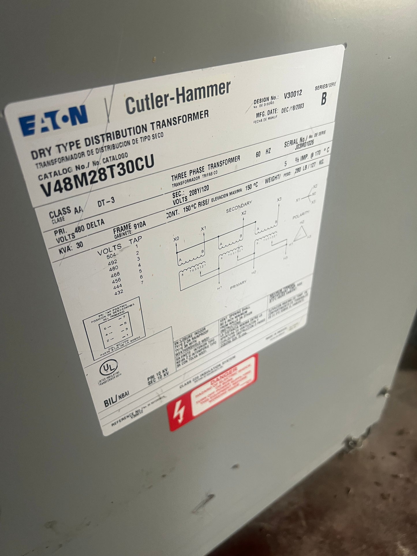 Eaton Cutler Hammer 30 kVA Transformer 480V to 208Y 120V 3 Phase Copper V48M28T30CU (SKU: 113441)