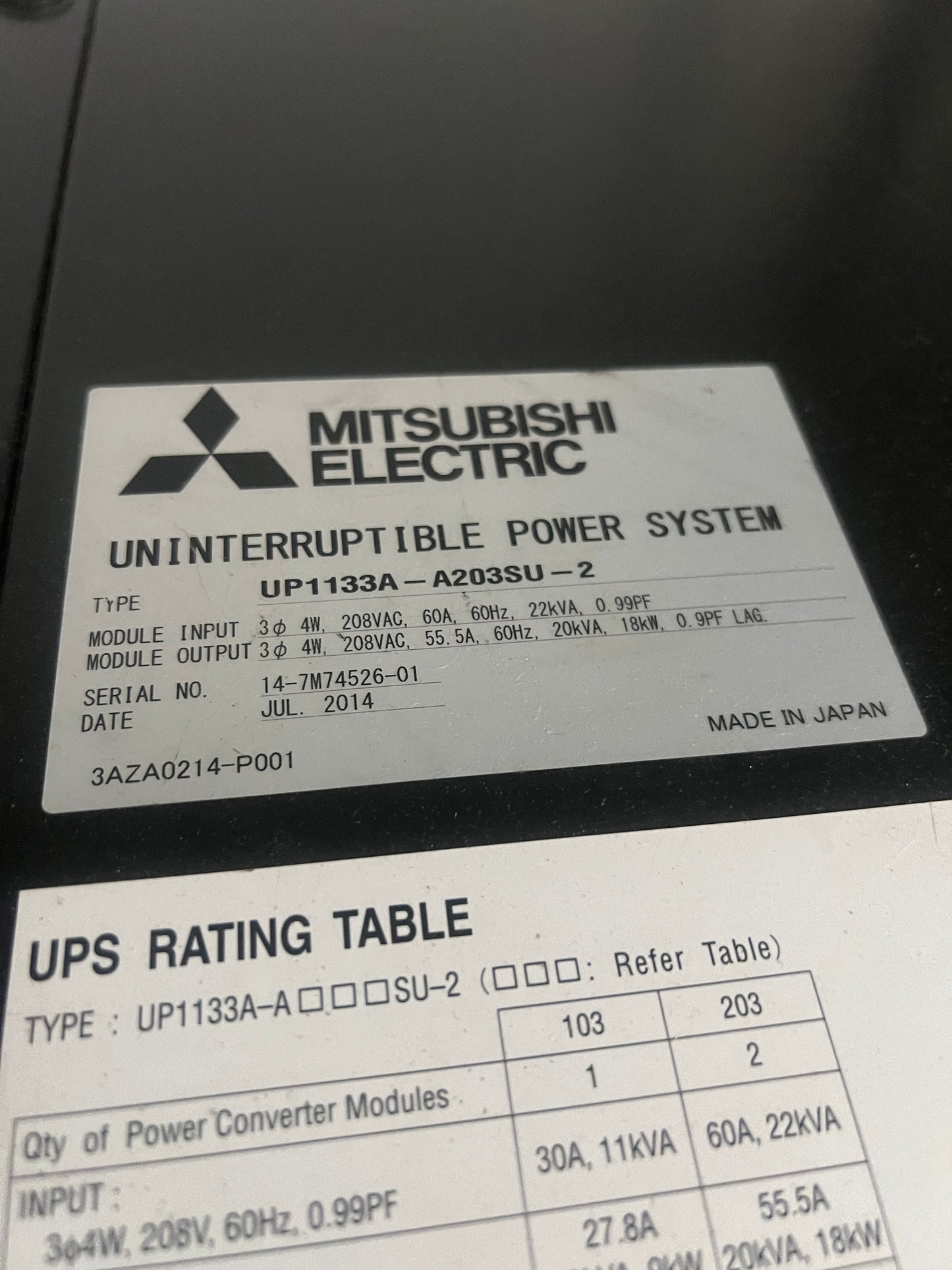 Mitsubishi 20kVA UPS UP1133A 208V 3 Phase Power System C&C Battery Bypass Cabinet